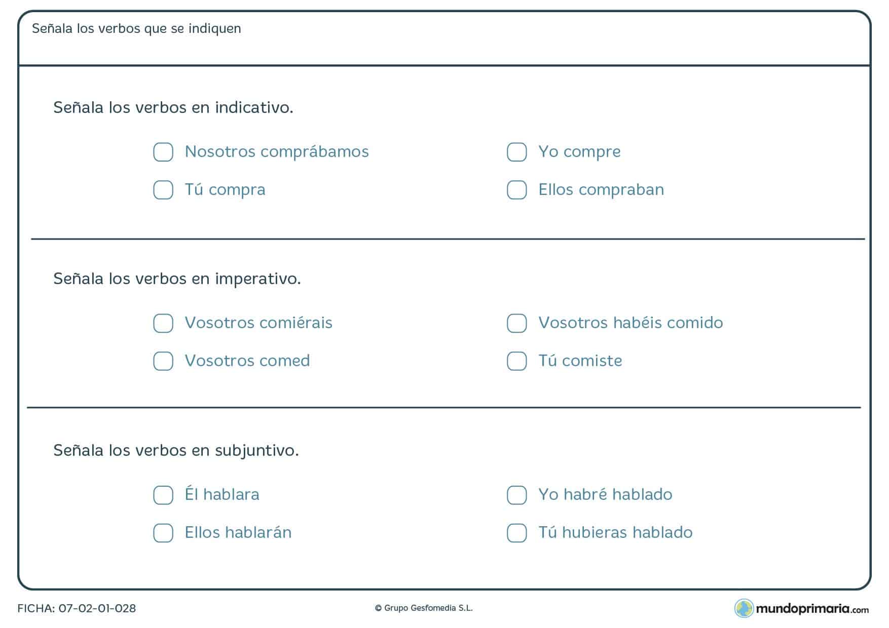 Ficha de tiempos verbales para niños y niñas de 5º de Primaria