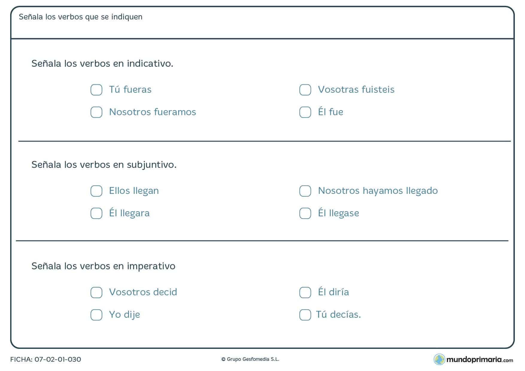 Ficha de lenguaje de gramática sobre los modos de los verbos