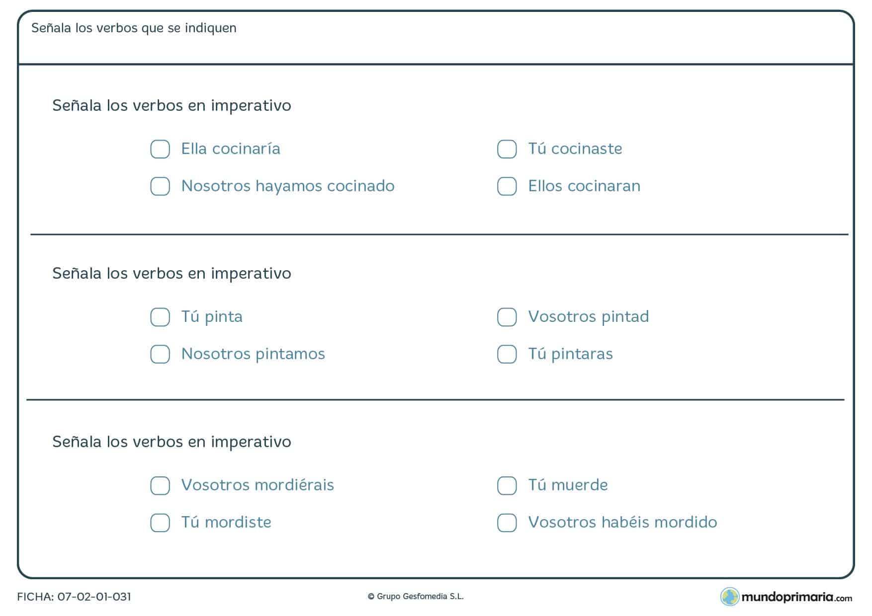 Ficha de formas verbales exclusivas en imperativo para Primaria