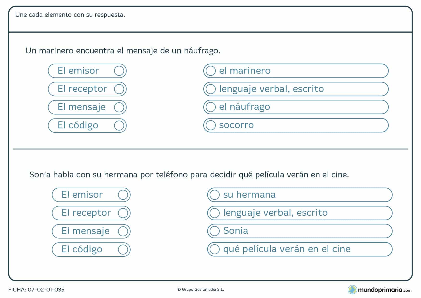 Ficha de conceptos básicos en comunicación para 5º de Primaria