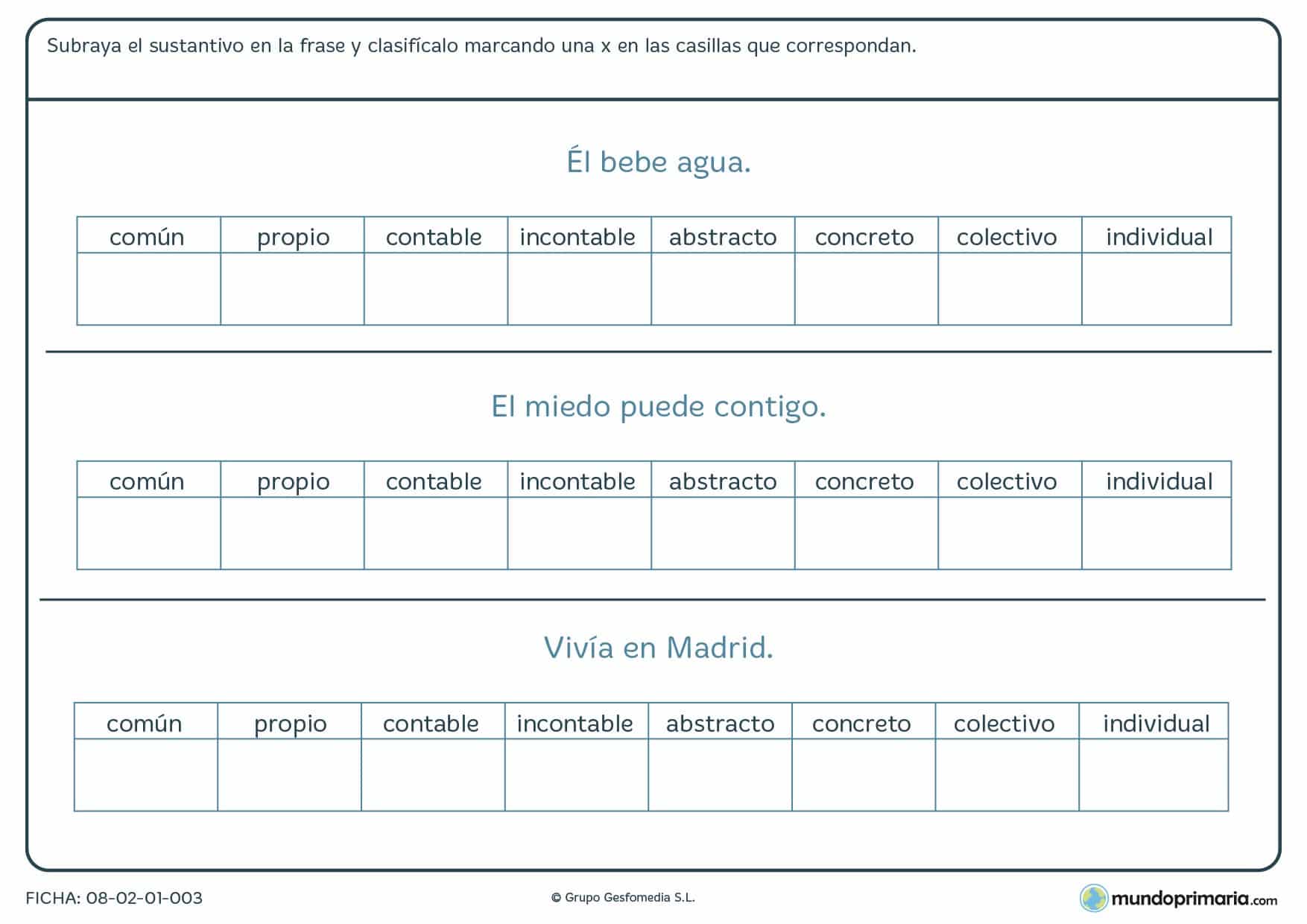 Ficha de subrayar el sustantivo de las frases y clasificarlo