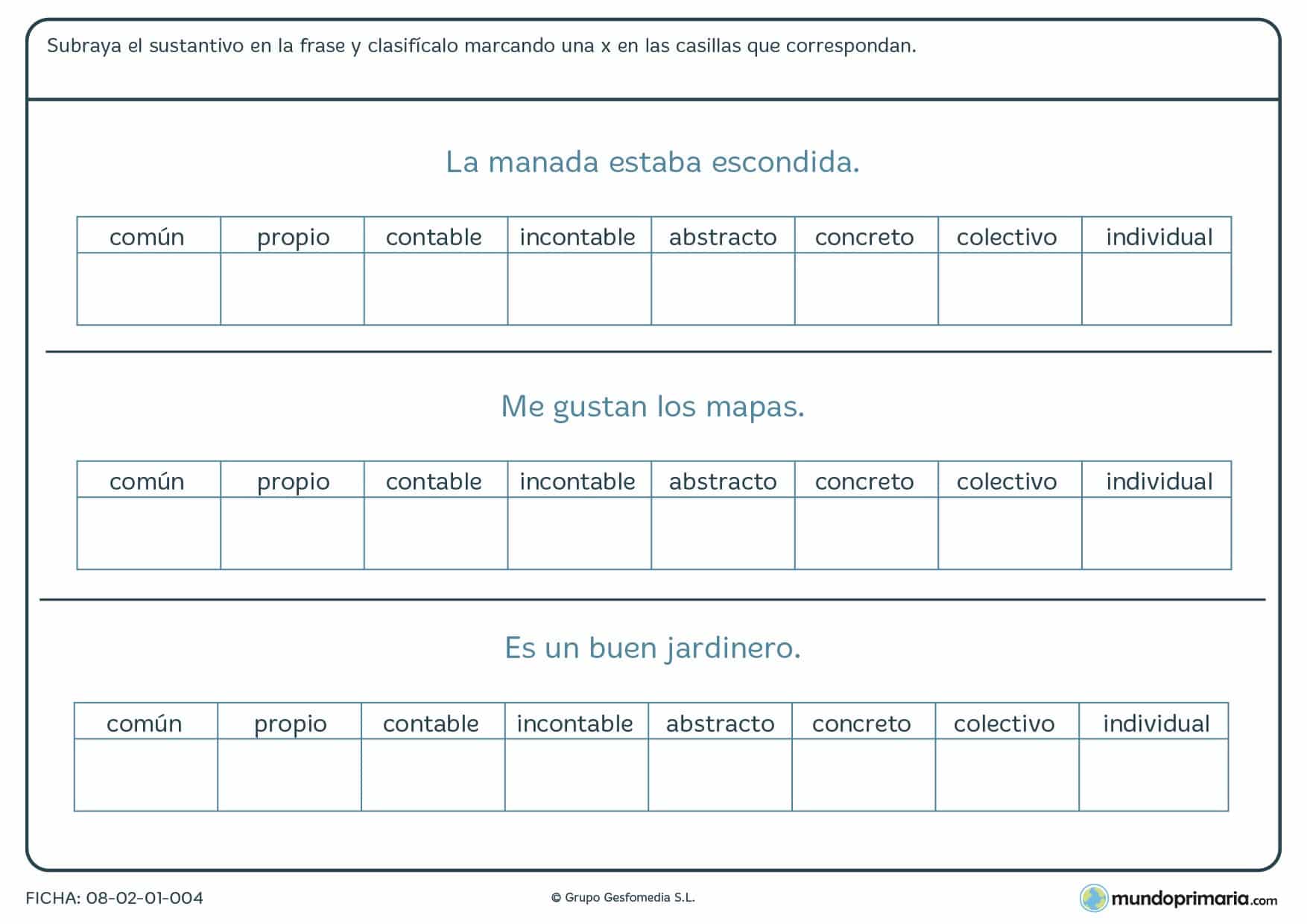 Ficha de organizar los nombres en las casillas para 6º de Primaria