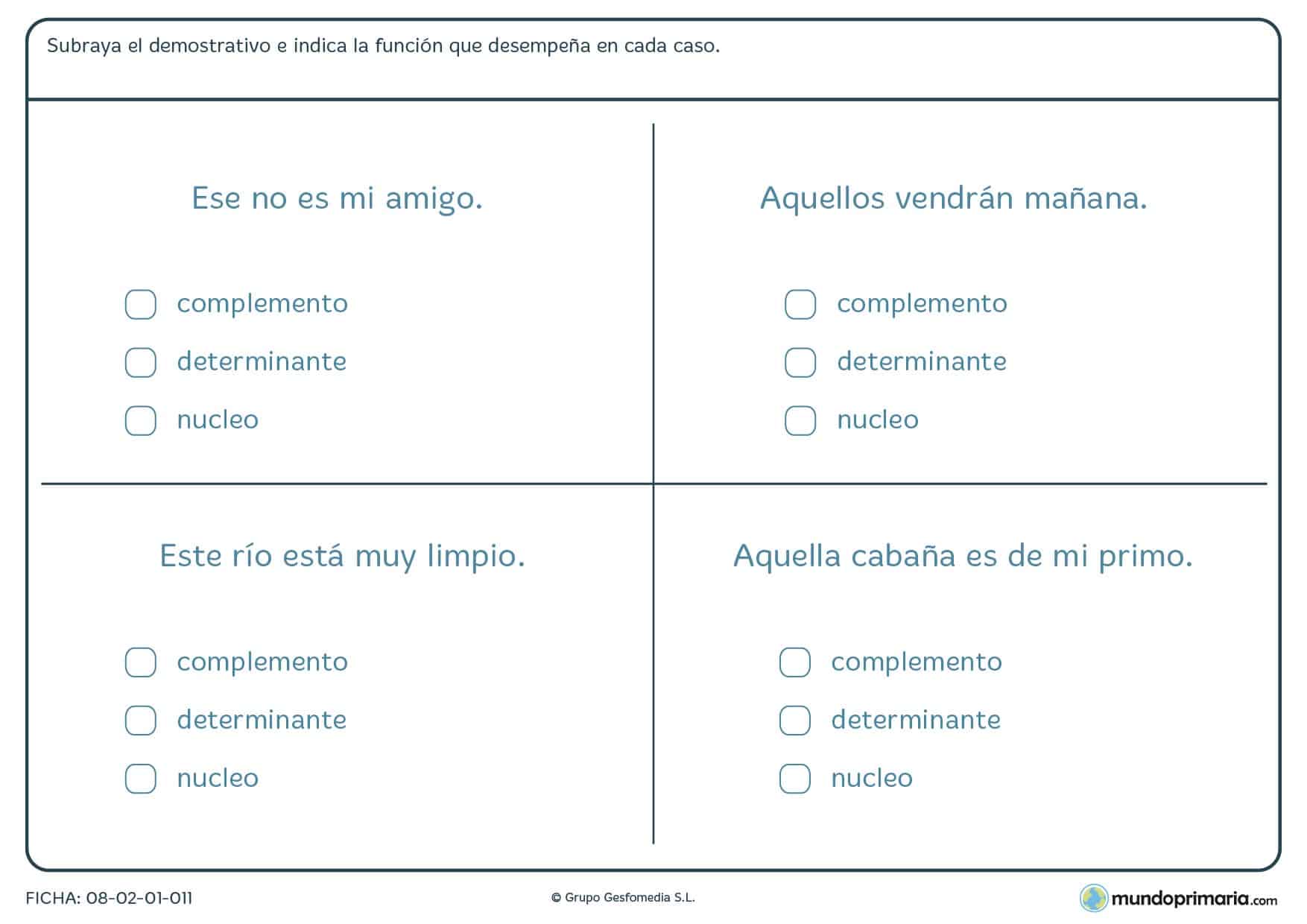 Ficha de demostrativos y sus funciones para niños de Primaria