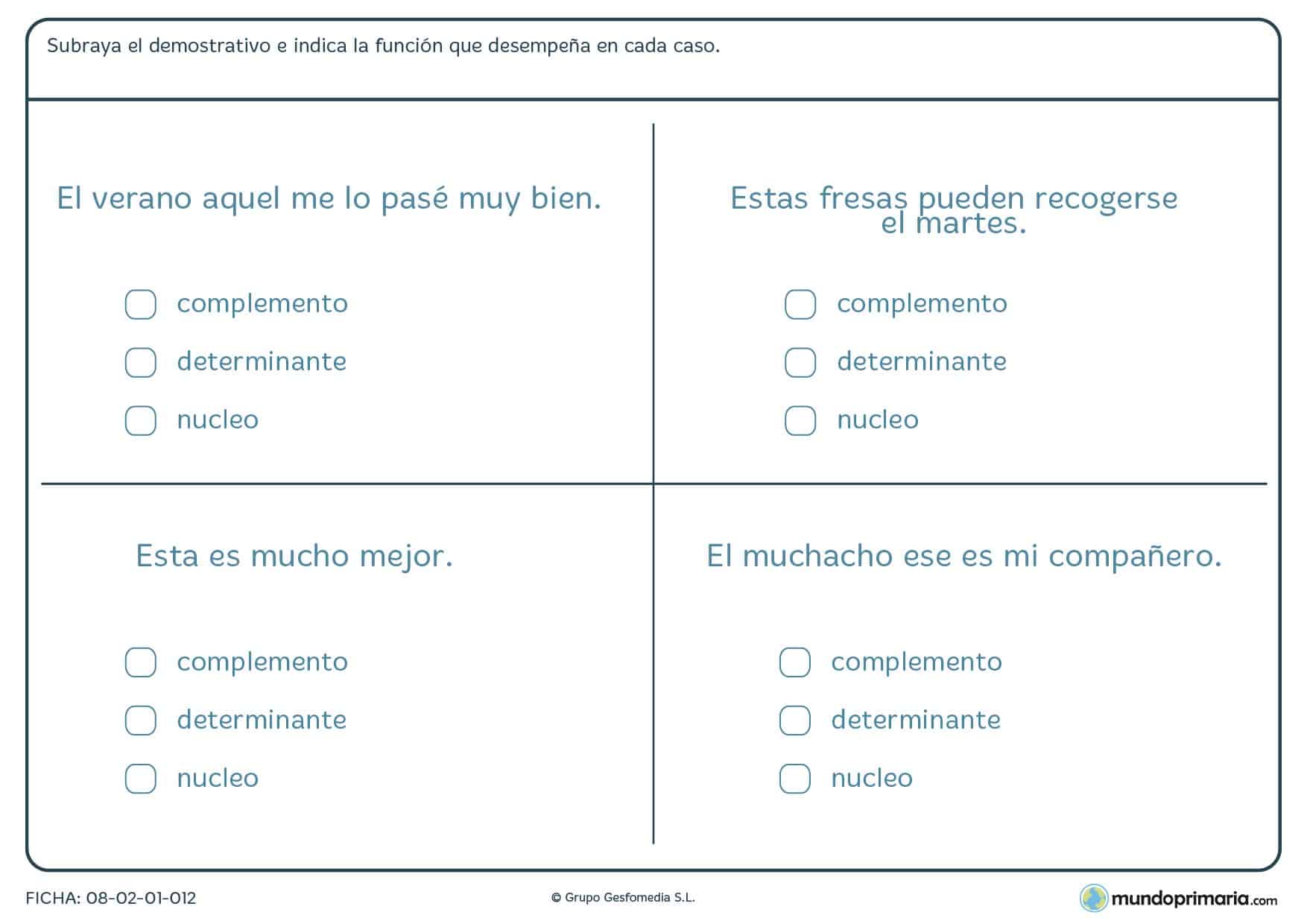 Ficha de lenguaje de palabras que acompañan al sustantivo en Primaria