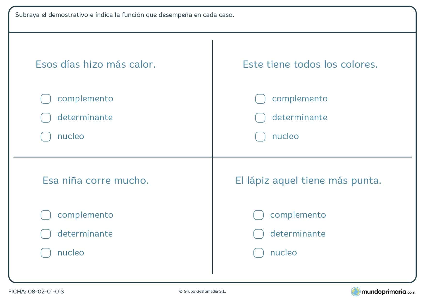Ficha sobre los determinantes para alumnos de 6º curso de Primaria