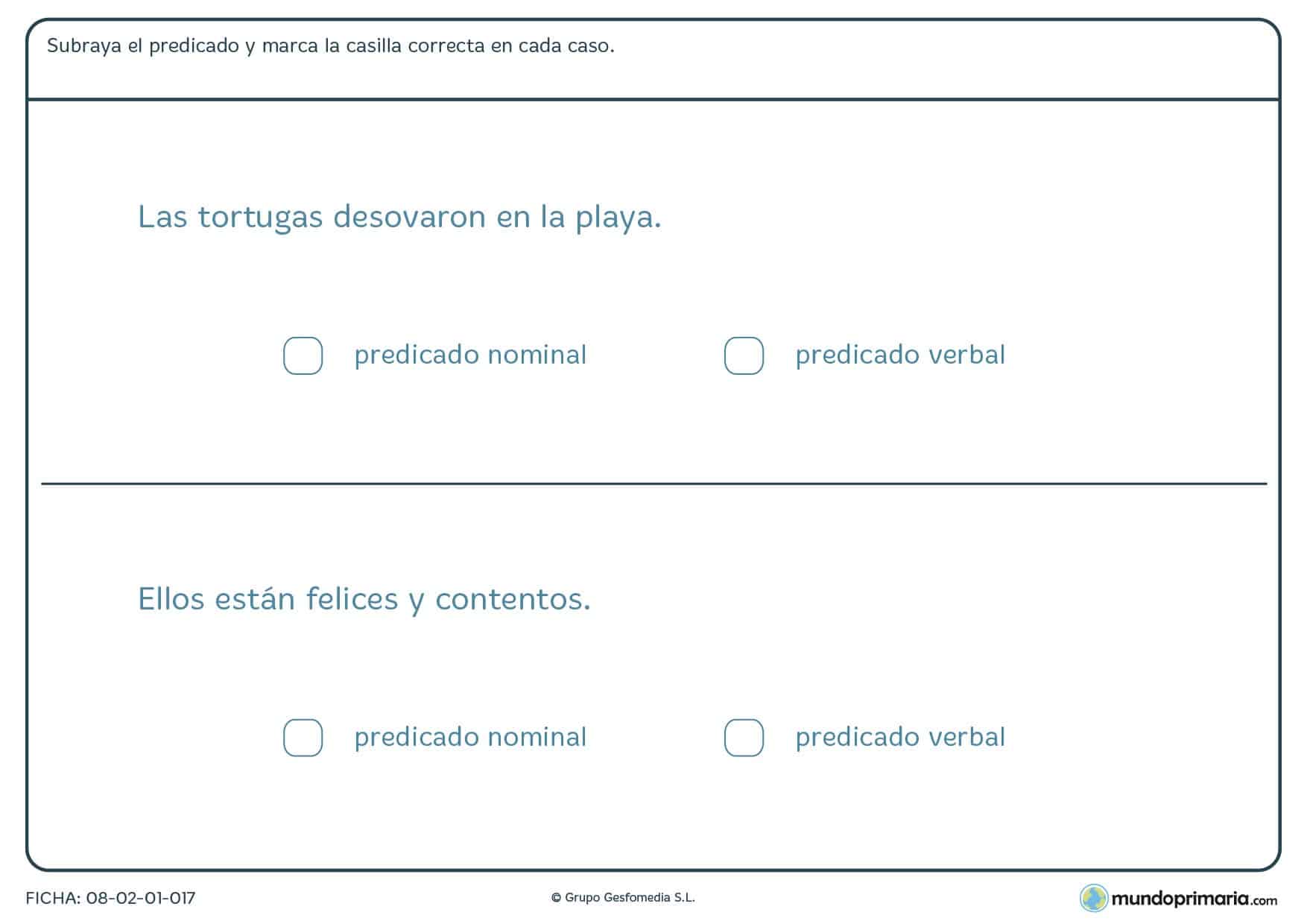 Ficha de marcar si el predicado es nominal o verbal para Primaria