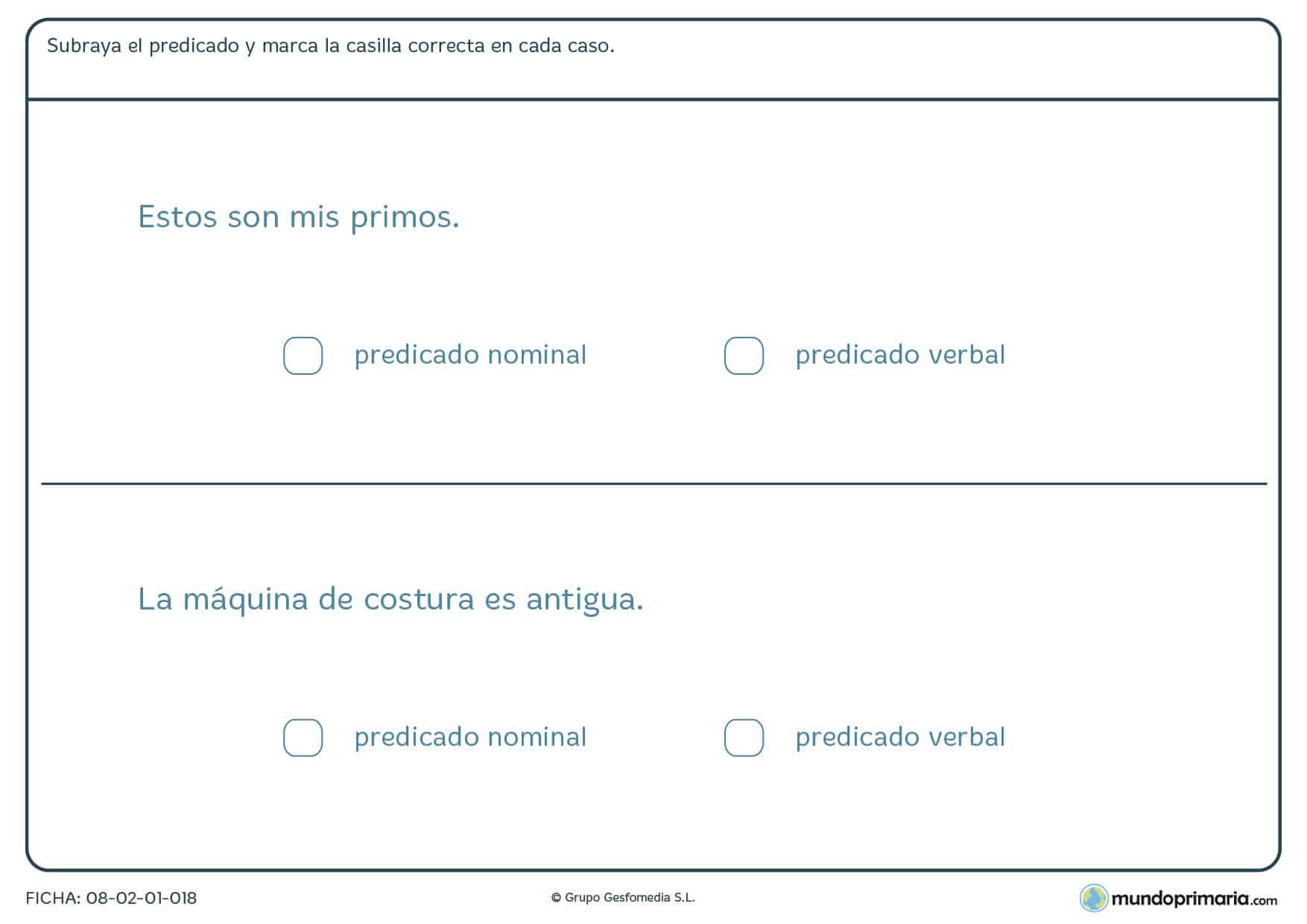 Ficha en la que hay que clasificar el tipo de predicado de las frases