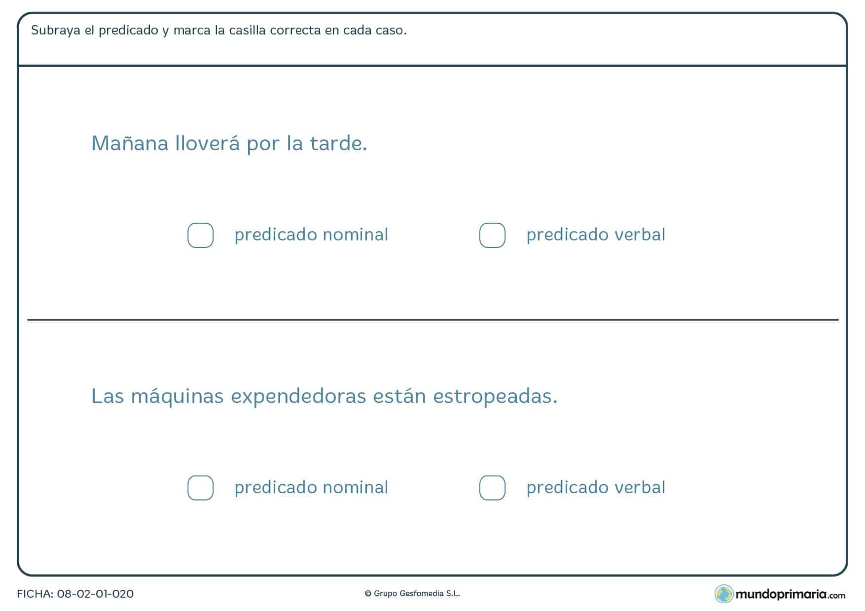 Ficha sobre el predicado verbal o nominal para 6º de Primaria
