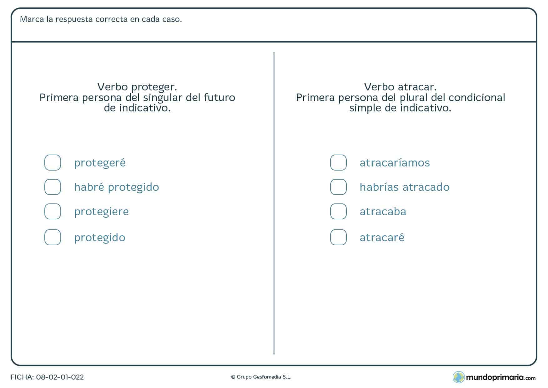 Ficha de la conjugación del verbo proteger y atracar para Primaria