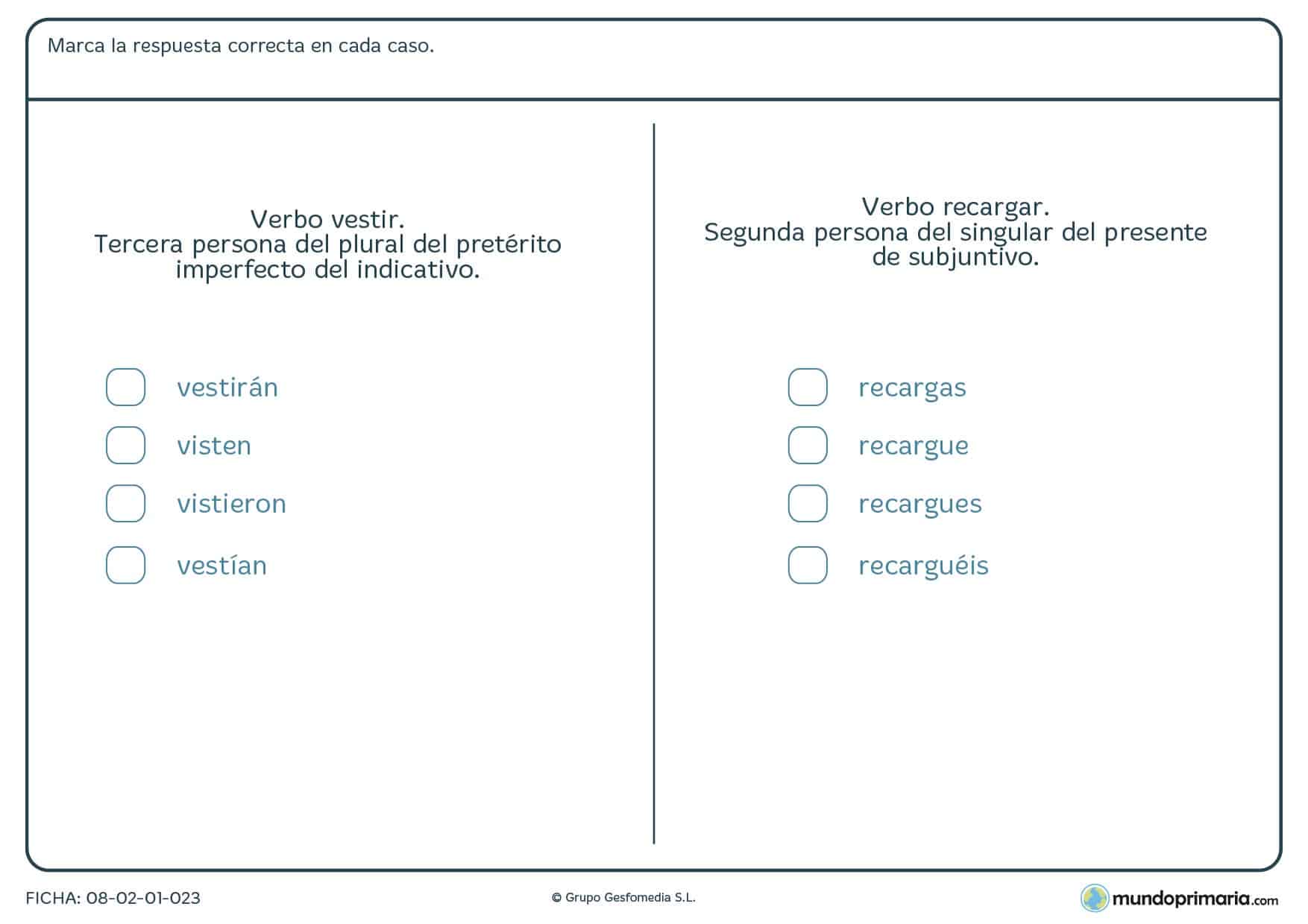 Ficha de verbos de la primera y tercera conjugación para Primaria