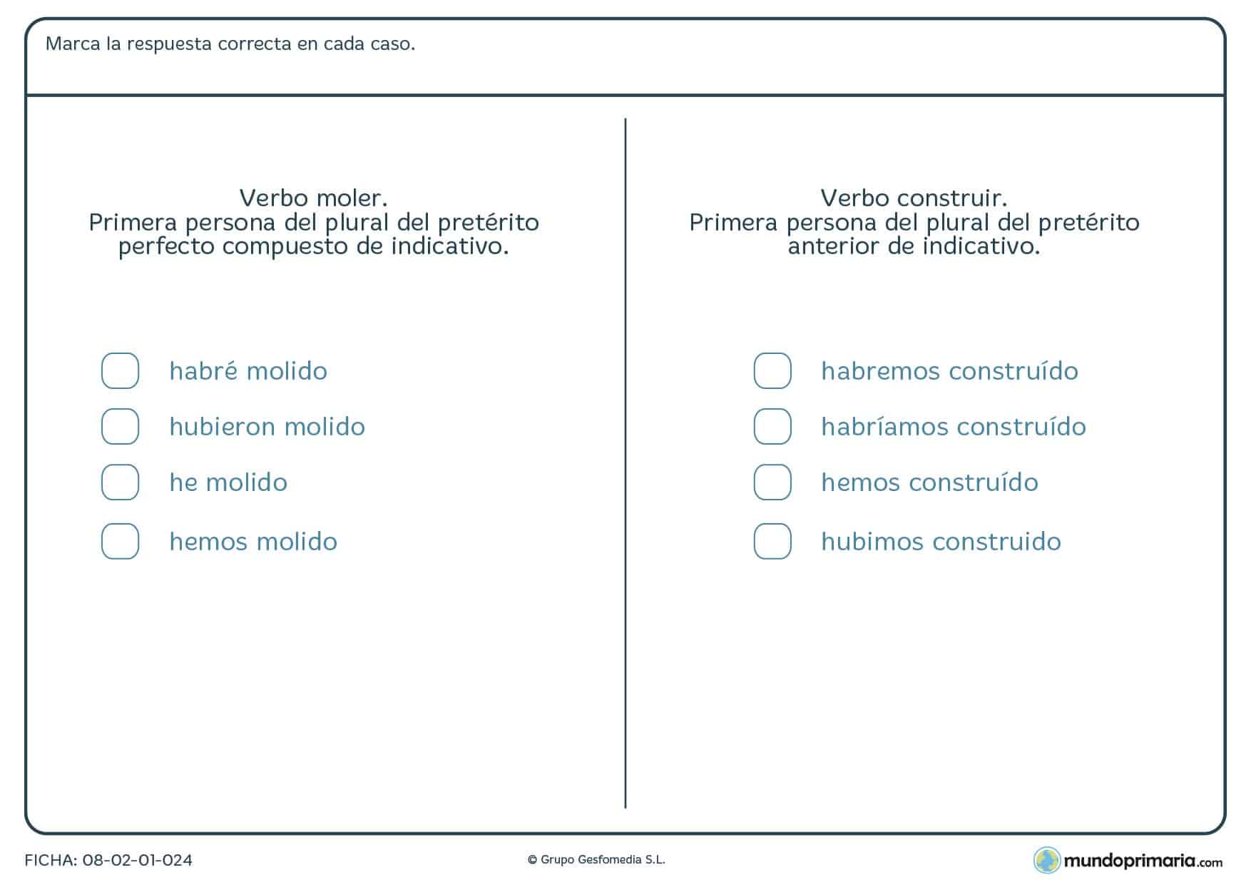 Ficha de verbos irregulares para niños de educación primaria