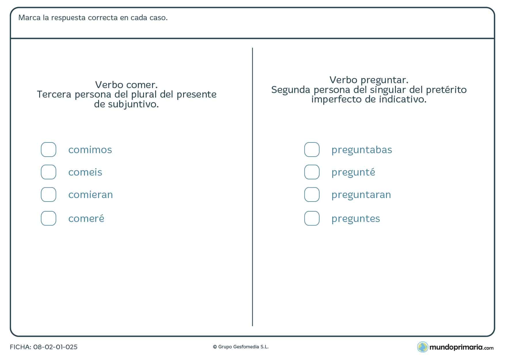 Ficha del verbo comer y preguntar sobre sus conjugaciones de Primaria