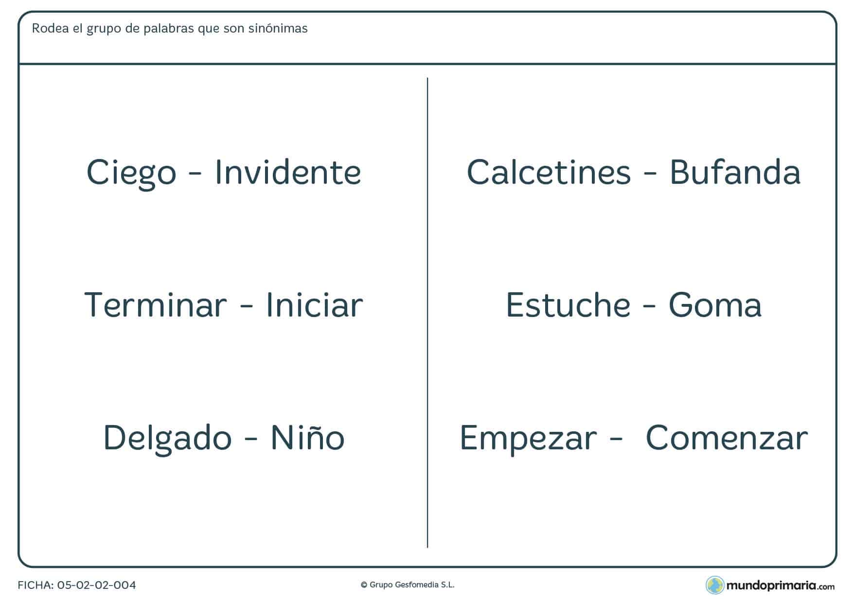 Ficha para rodear el grupo de palabras que son sinónimas para Primaria