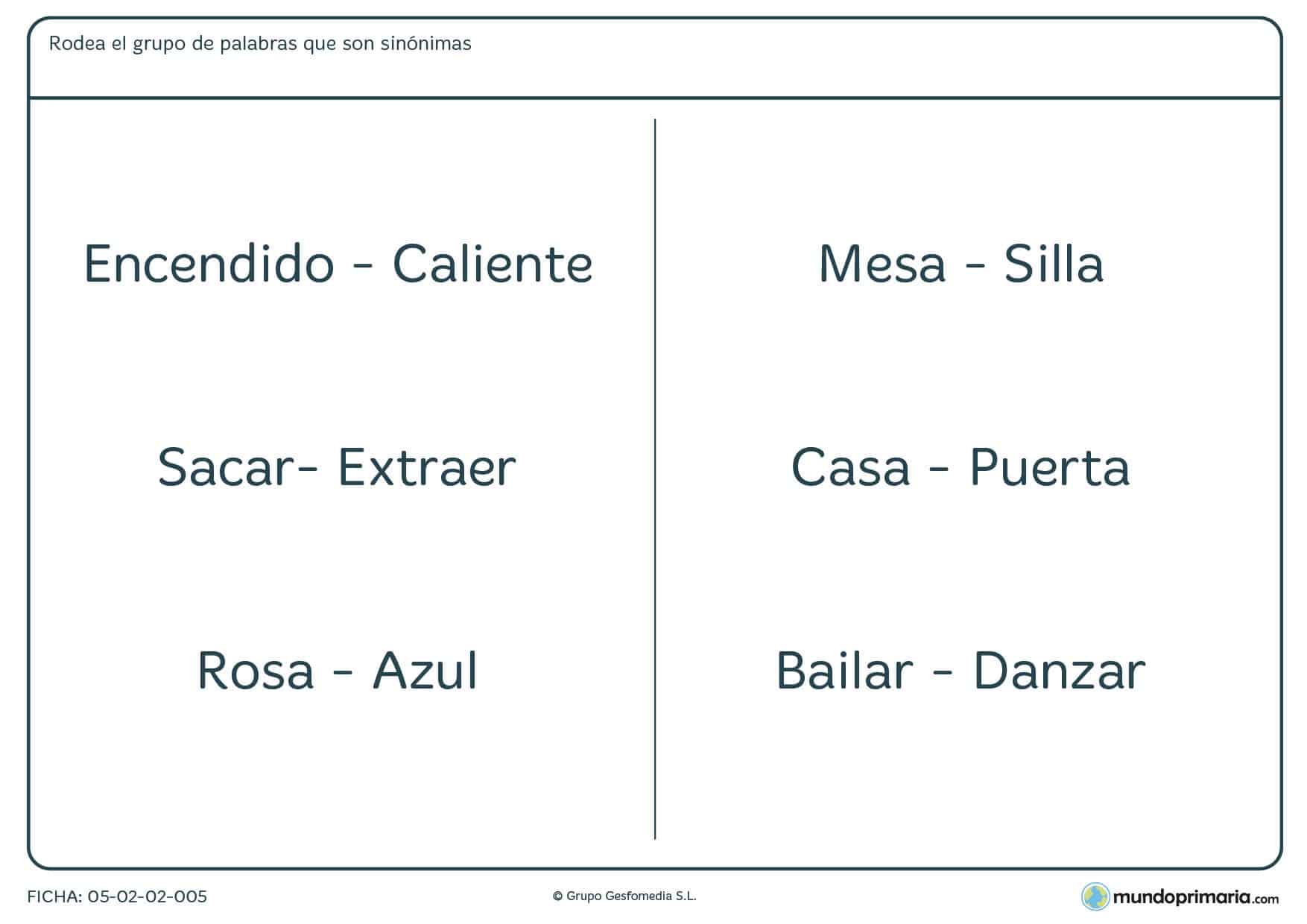 Ficha de seleccionar las palabras que tienen significados parecidos
