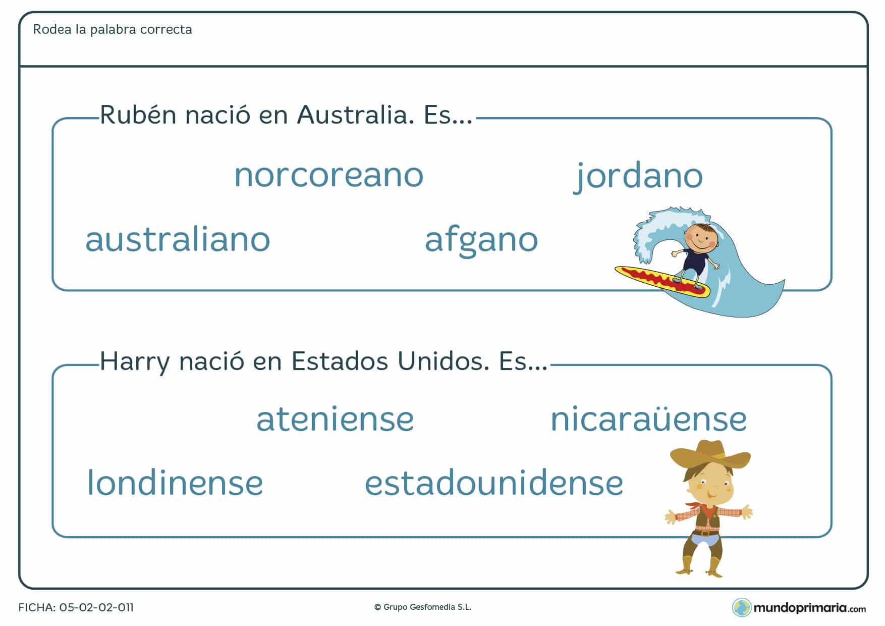 Ficha sobre nacionalidades para niños que estudien 3º de Primaria