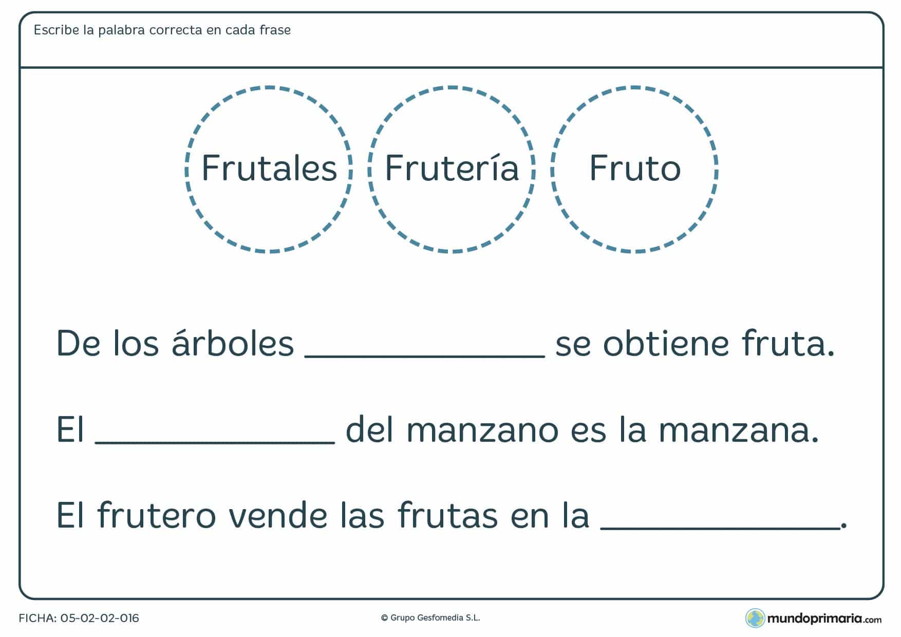 Ficha de escribir la palabra que encaje en cada frase para Primaria