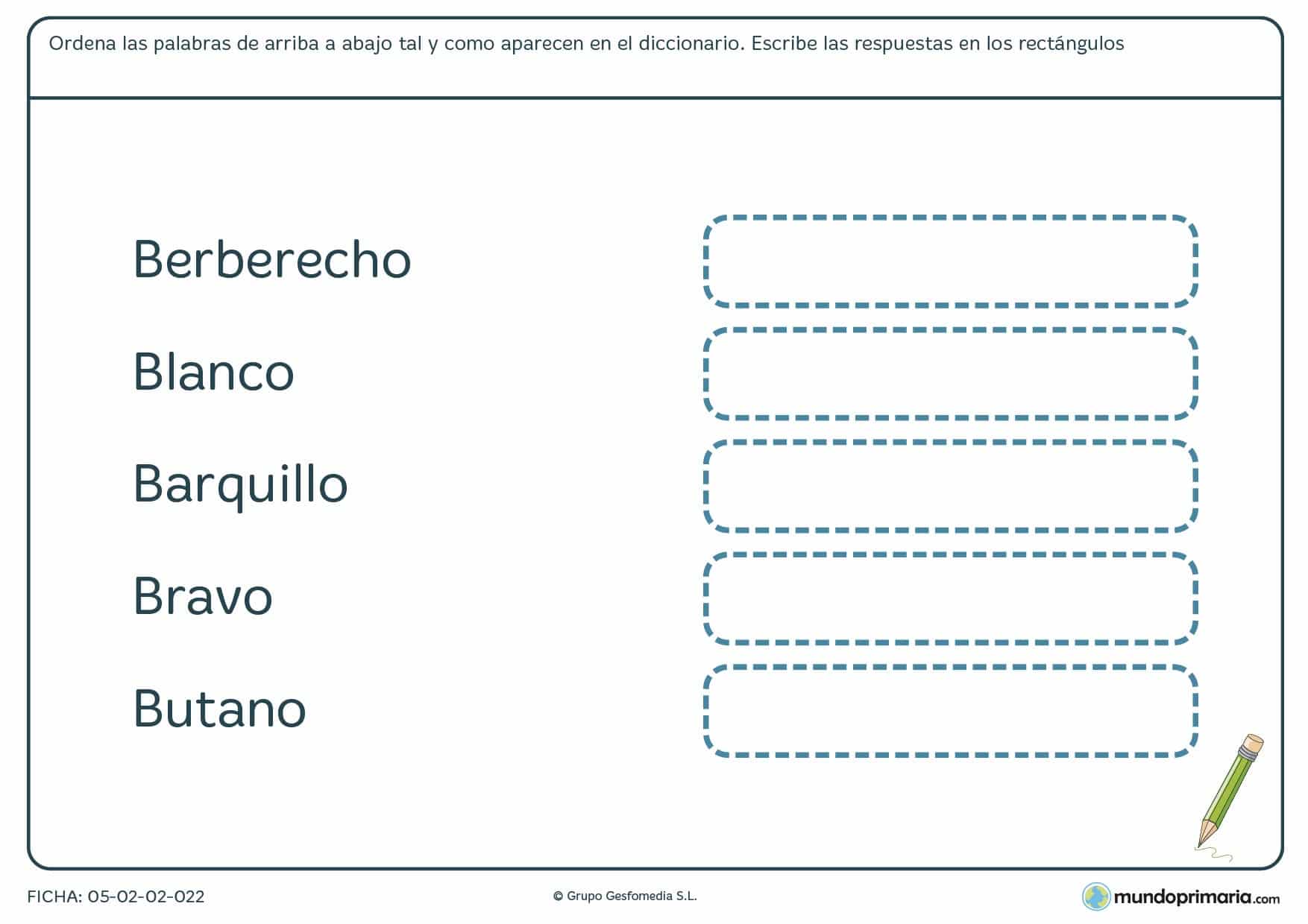 Ficha para organizar las palabras de la lista en orden del diccionario