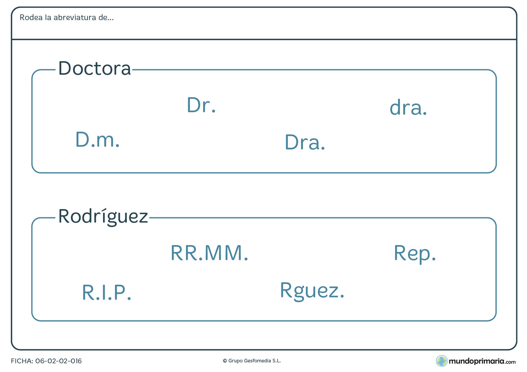 Ficha de relacionar las abreviaturas de doctora y Rodríguez