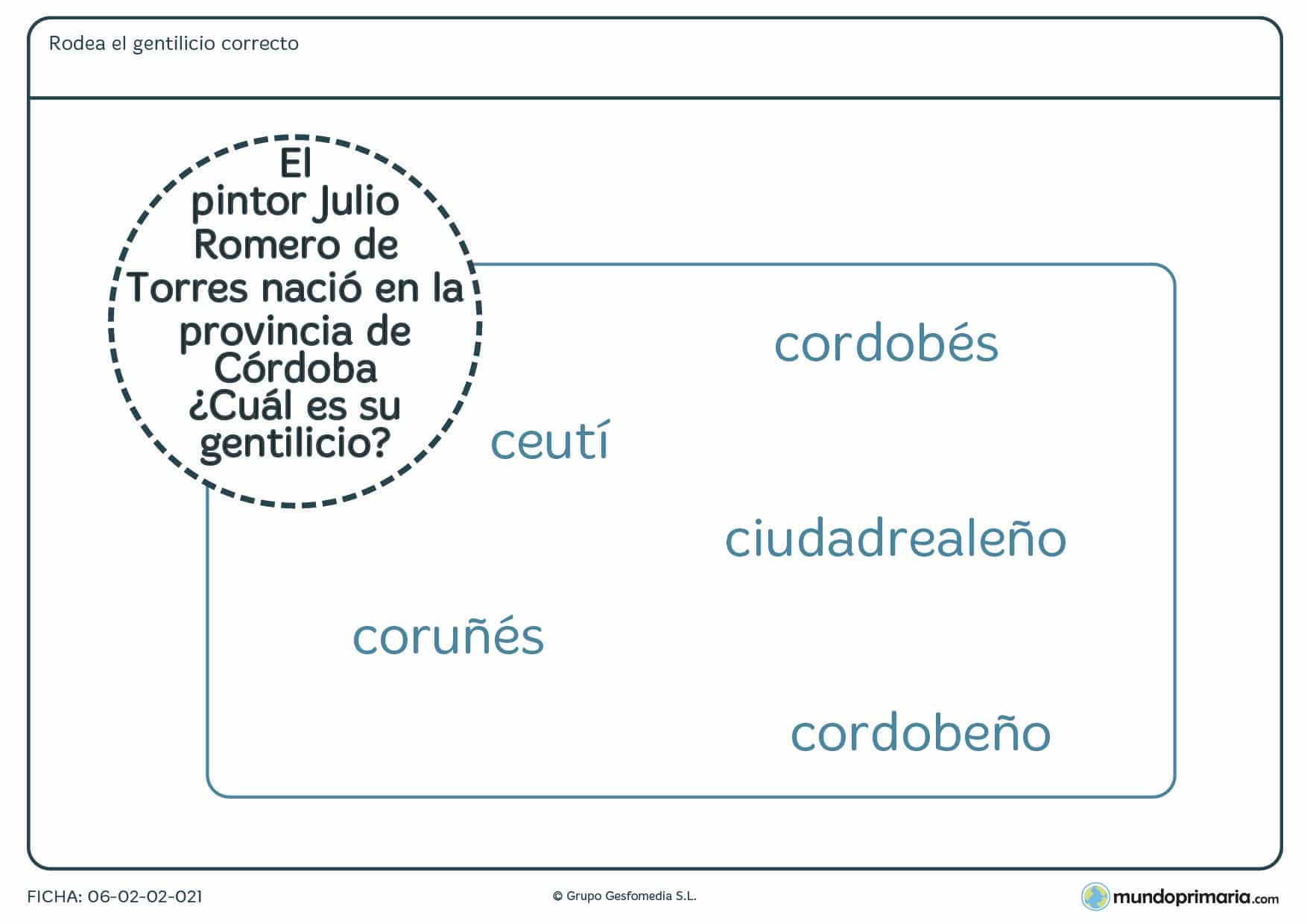 Ficha para aprender gentilicios para alumnos de 4º de Primaria