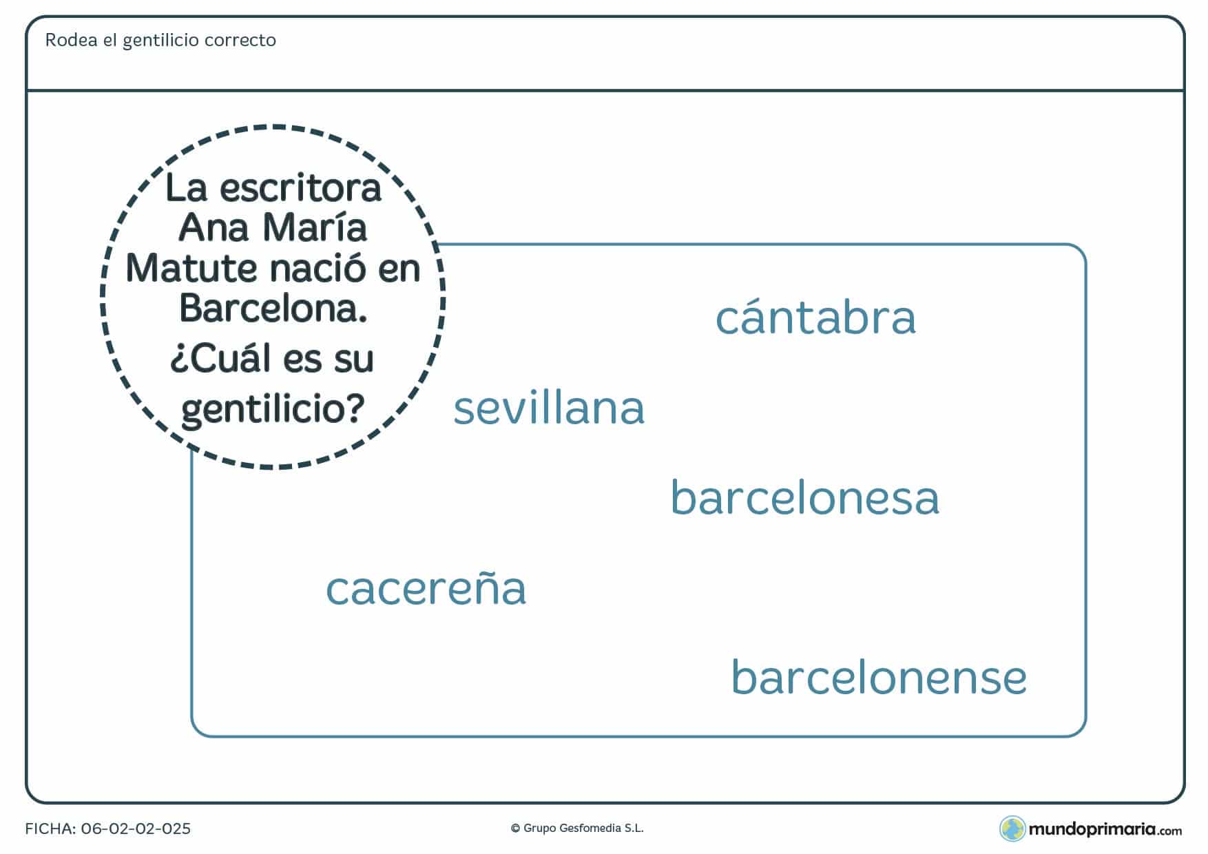 Ficha de señalar el gentilicio de Barcelona para 4º curso de Primaria