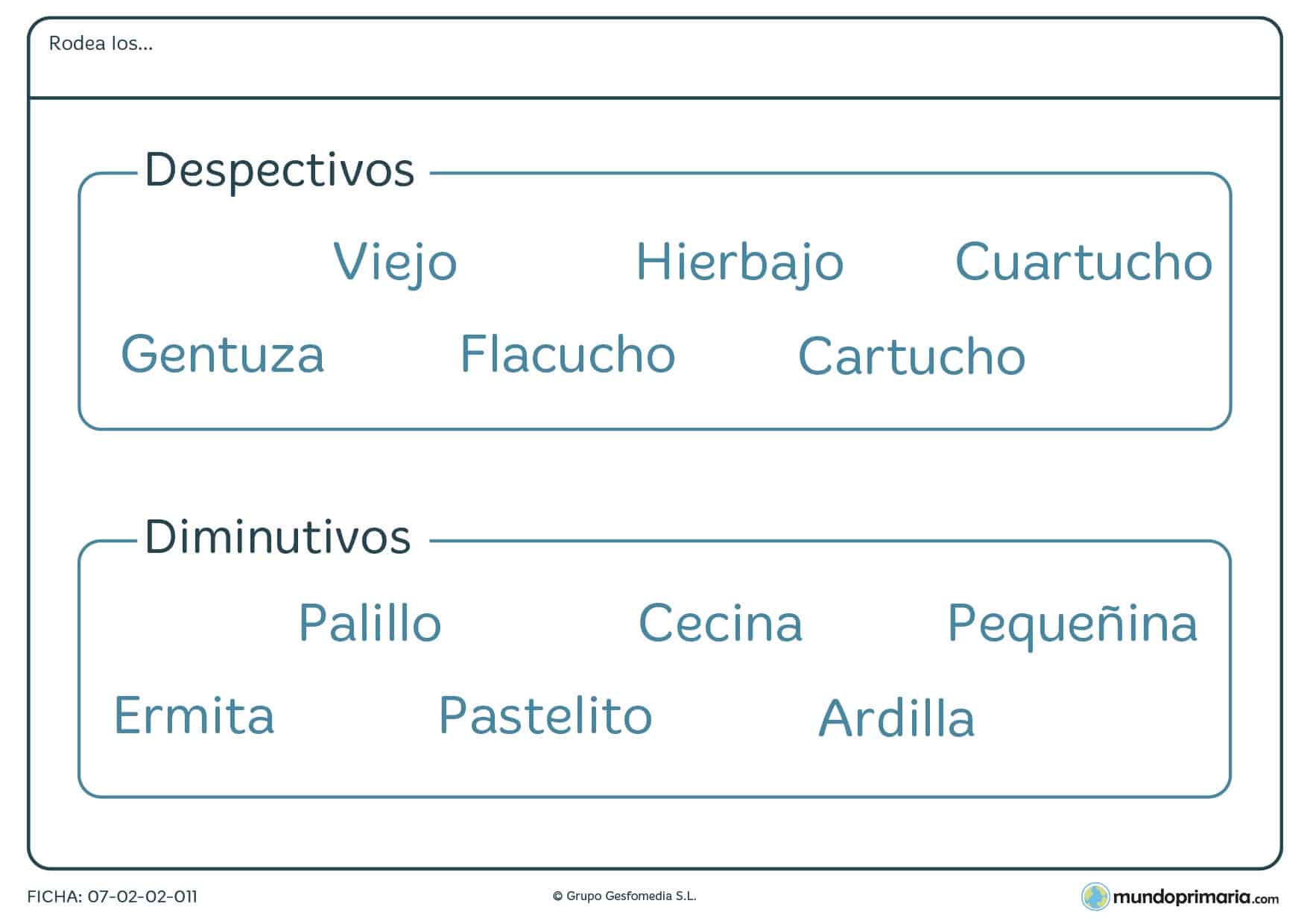 Ficha de rodear los despectivos y los diminutivos para Primaria