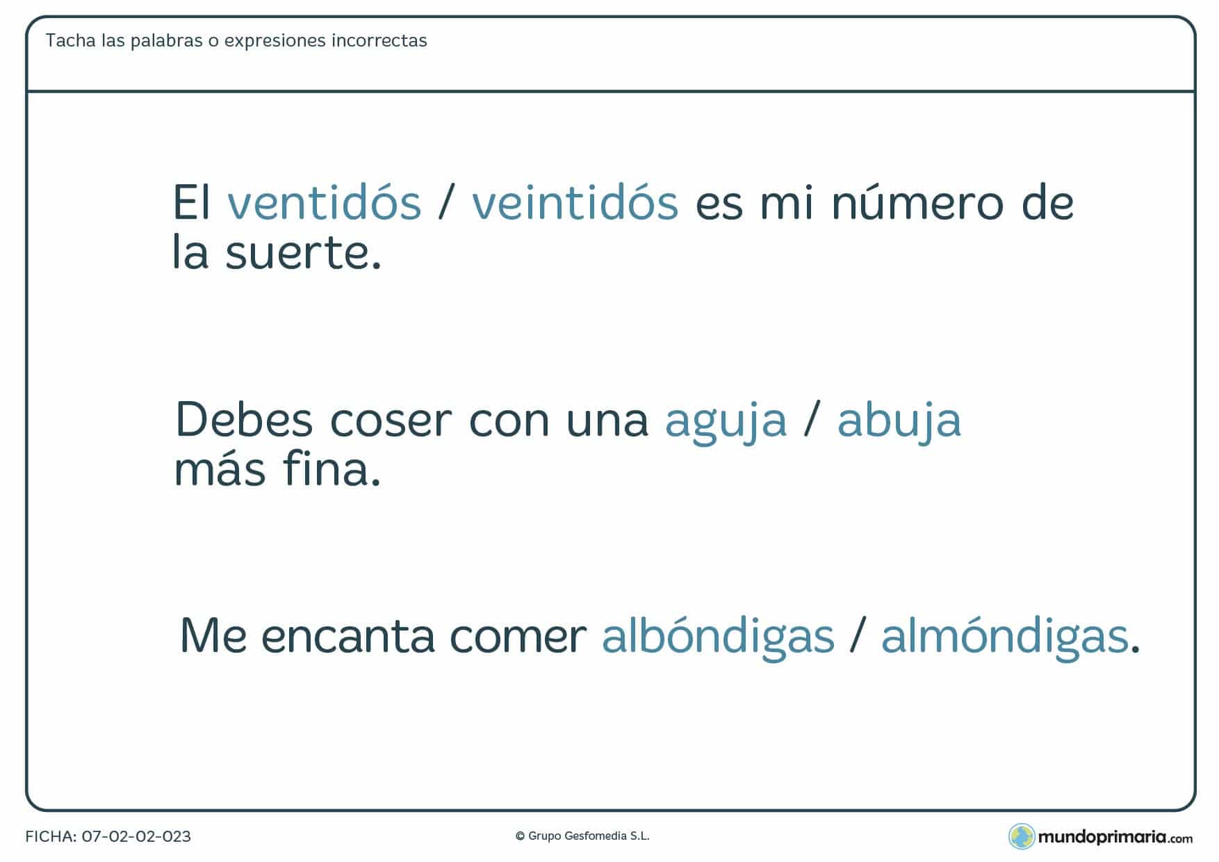 Ficha de señalar las palabras que están mal escritas para Primaria