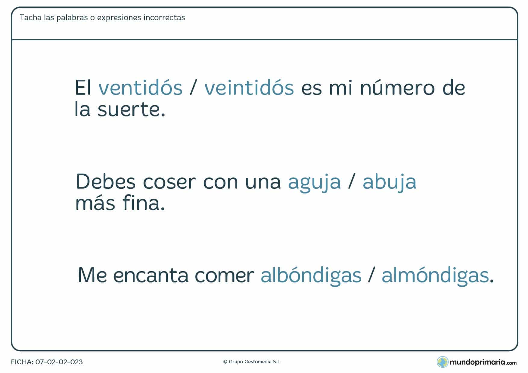 Ficha de señalar las palabras que están mal escritas para Primaria