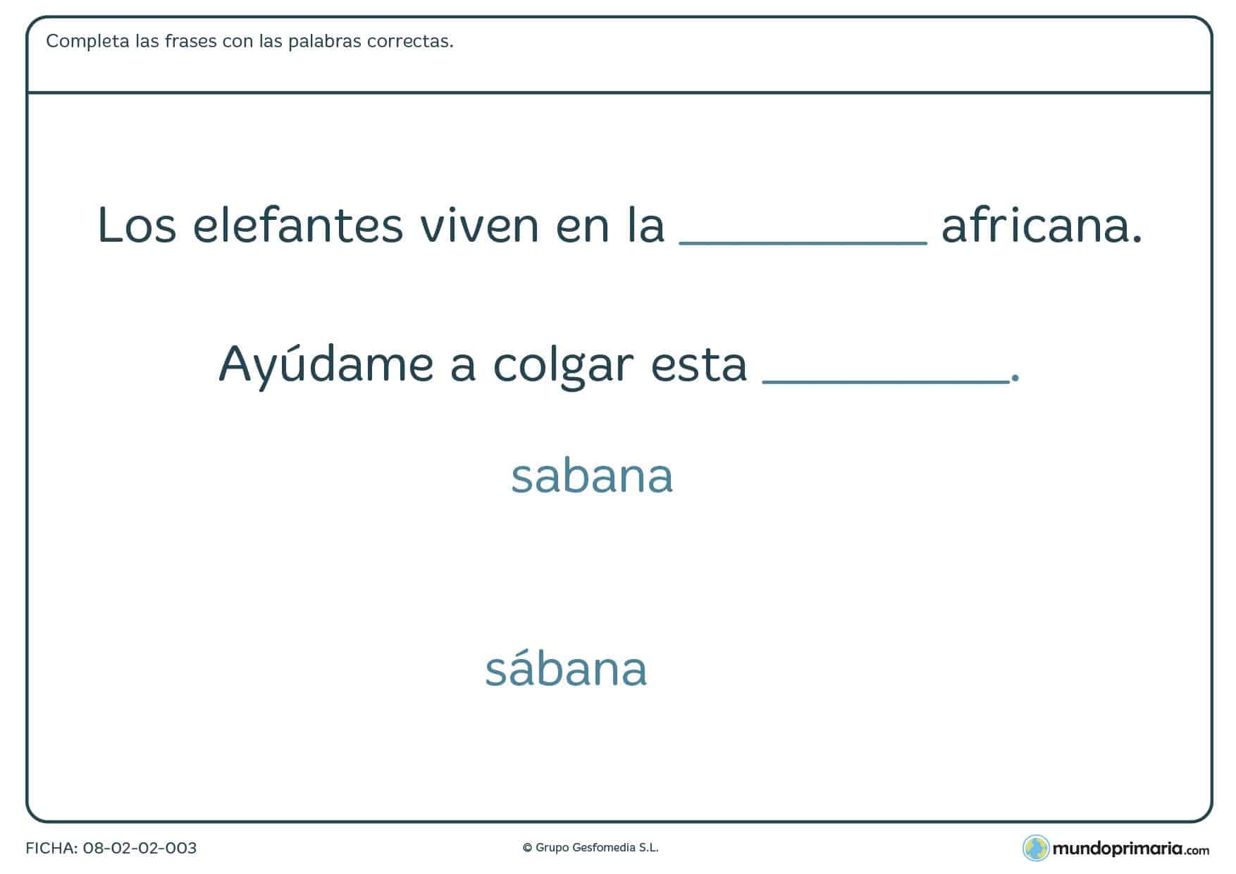 Ficha de completar las frases con las palabras correctas para Primaria