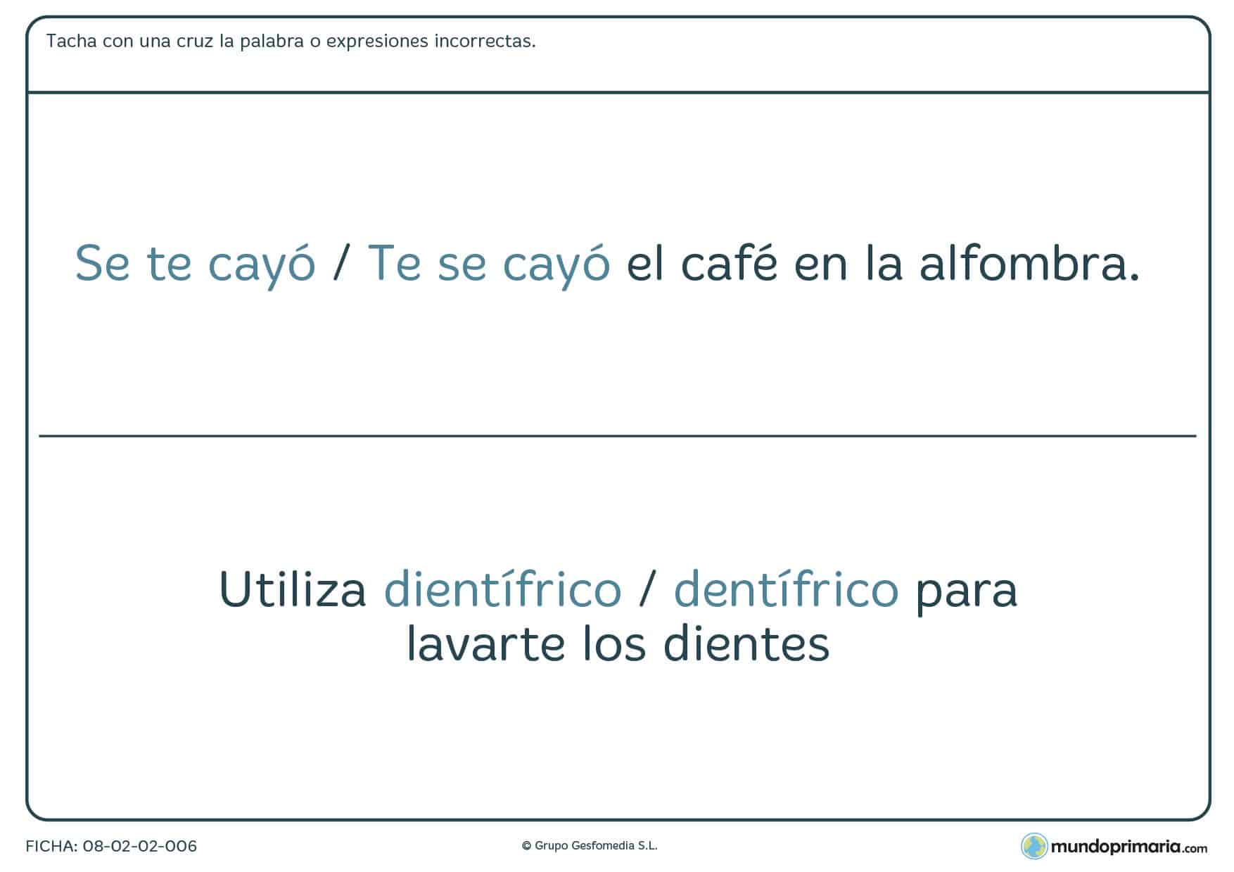 Ficha de tachar la palabra o expresiones incorrectas para Primaria