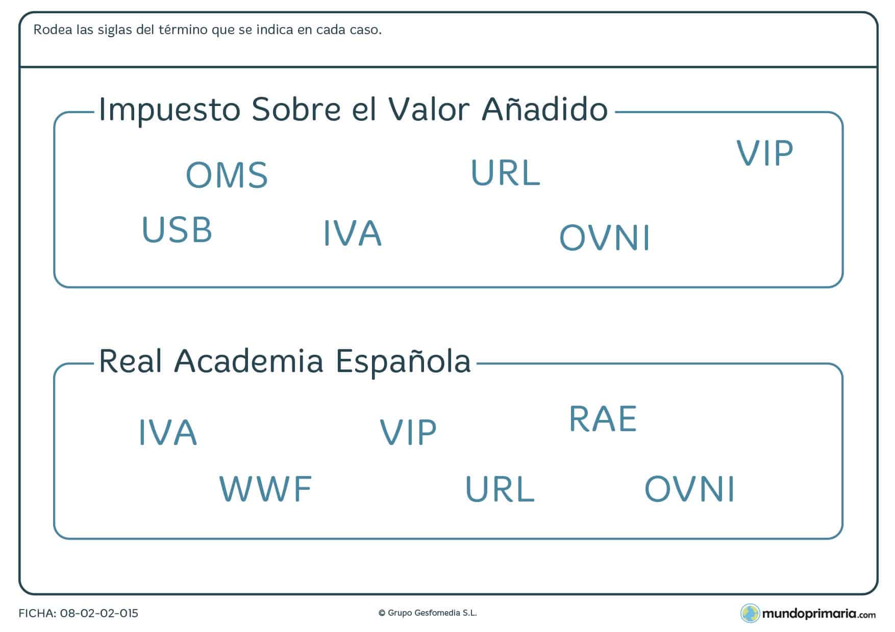 Ficha de términos de siglas para reconocer para niños de Primaria