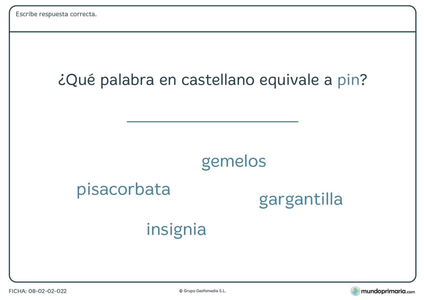 Ficha de qué palabra en castellano equivale a otra en inglés para 6º