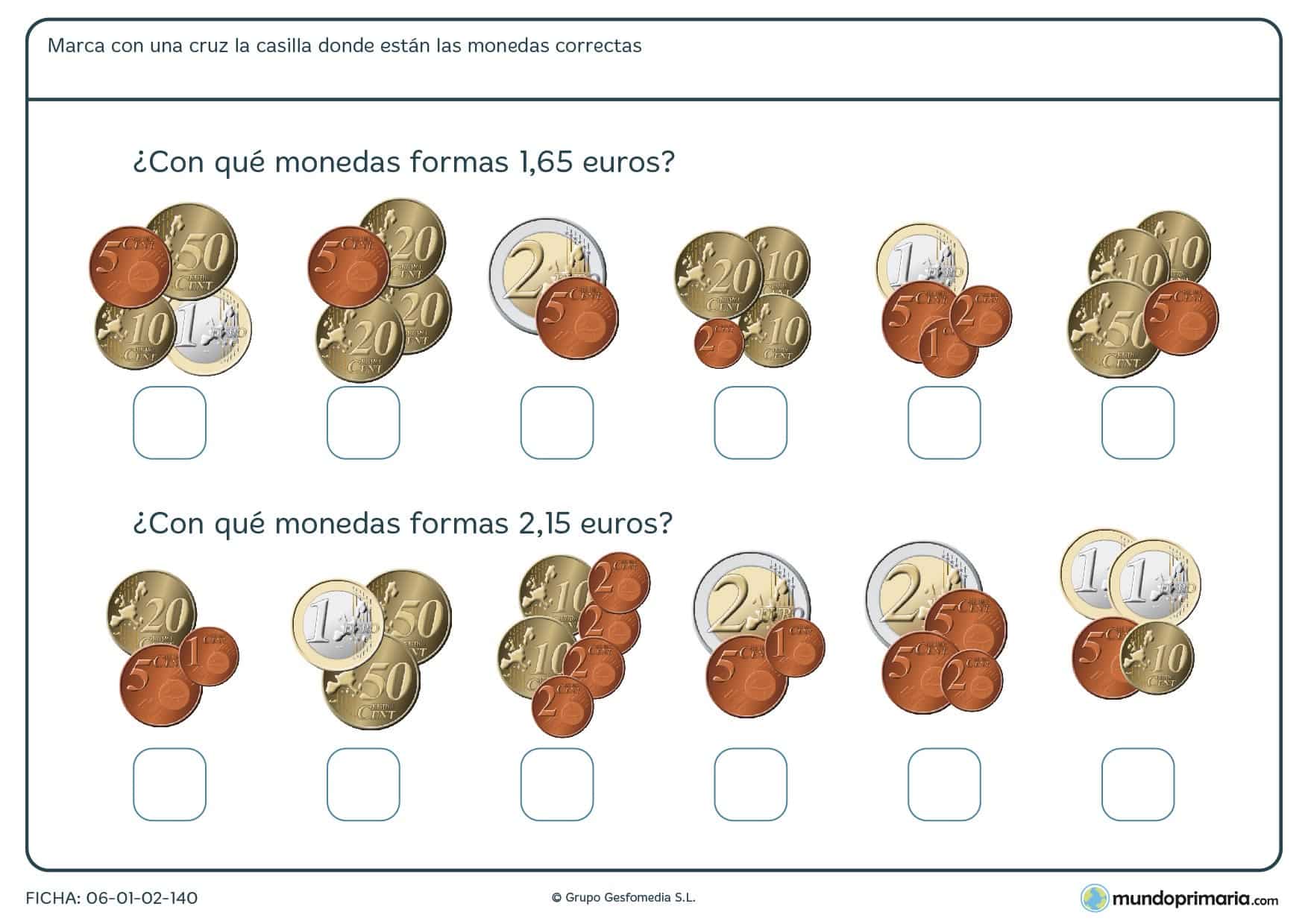 Ficha de sumar monedas con valor total de más de 1 euro