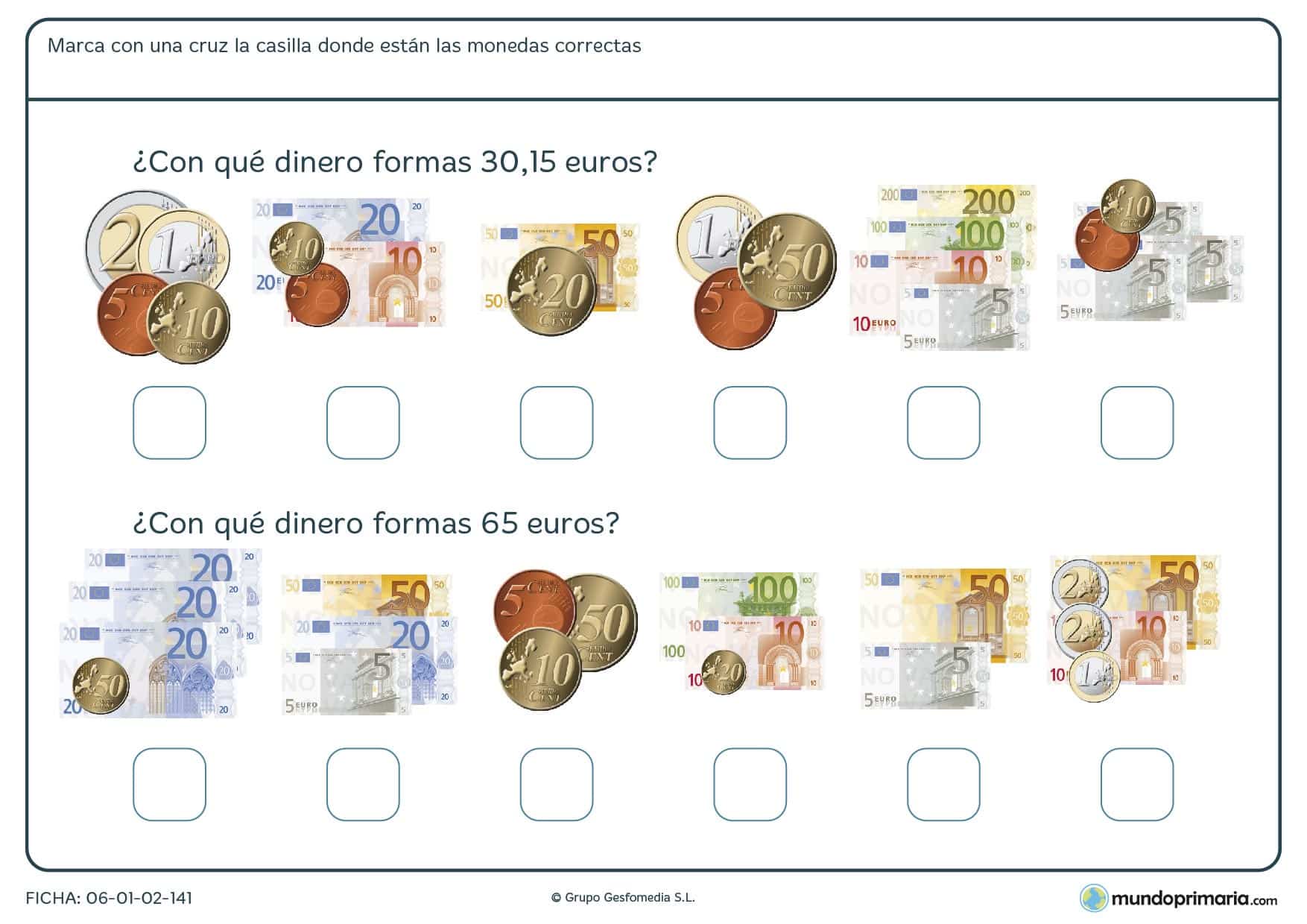 Ficha de sumar billetes y monedas de todas cantidades para 4º Primaria