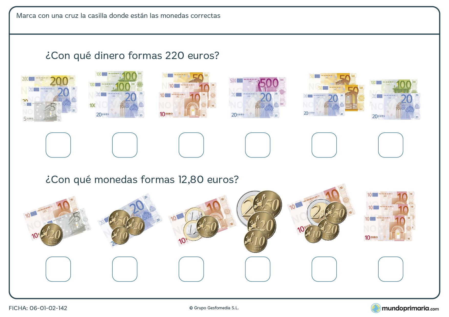 Ficha de sumar dinero de distintas cantidades para Primaria