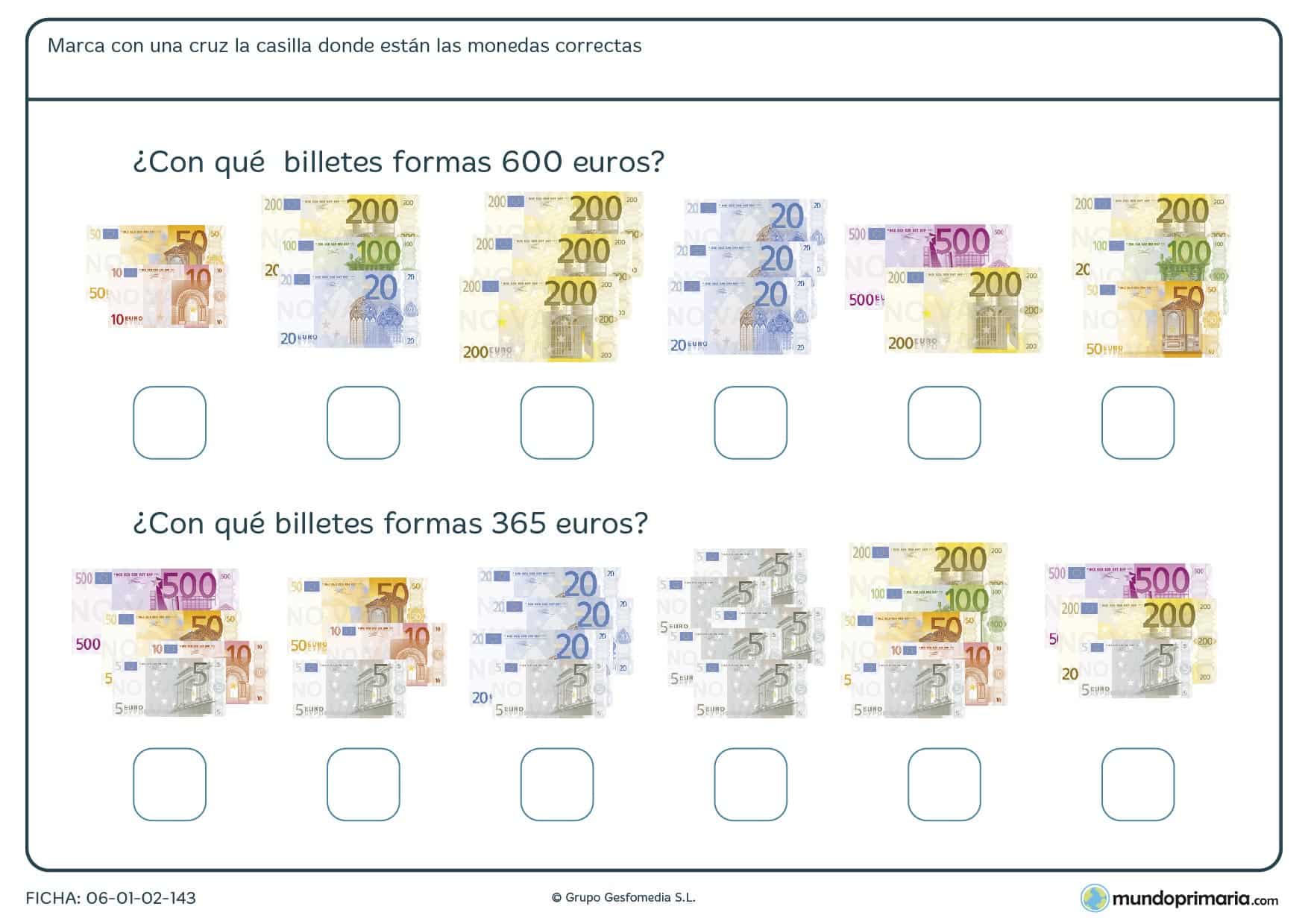 Ficha de sumar todos los tipos de billetes para Primaria