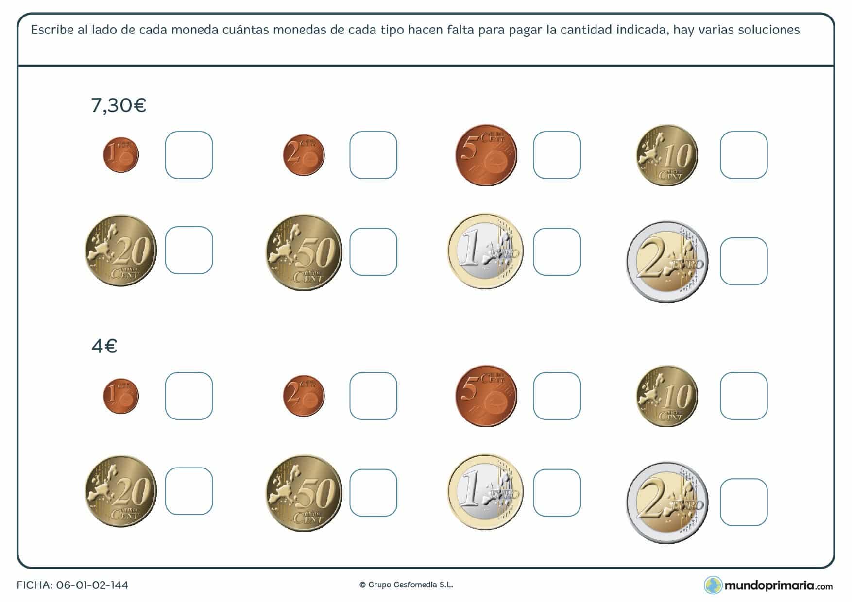 Ficha de monedas para llegar a la cantidad marcada para Primaria