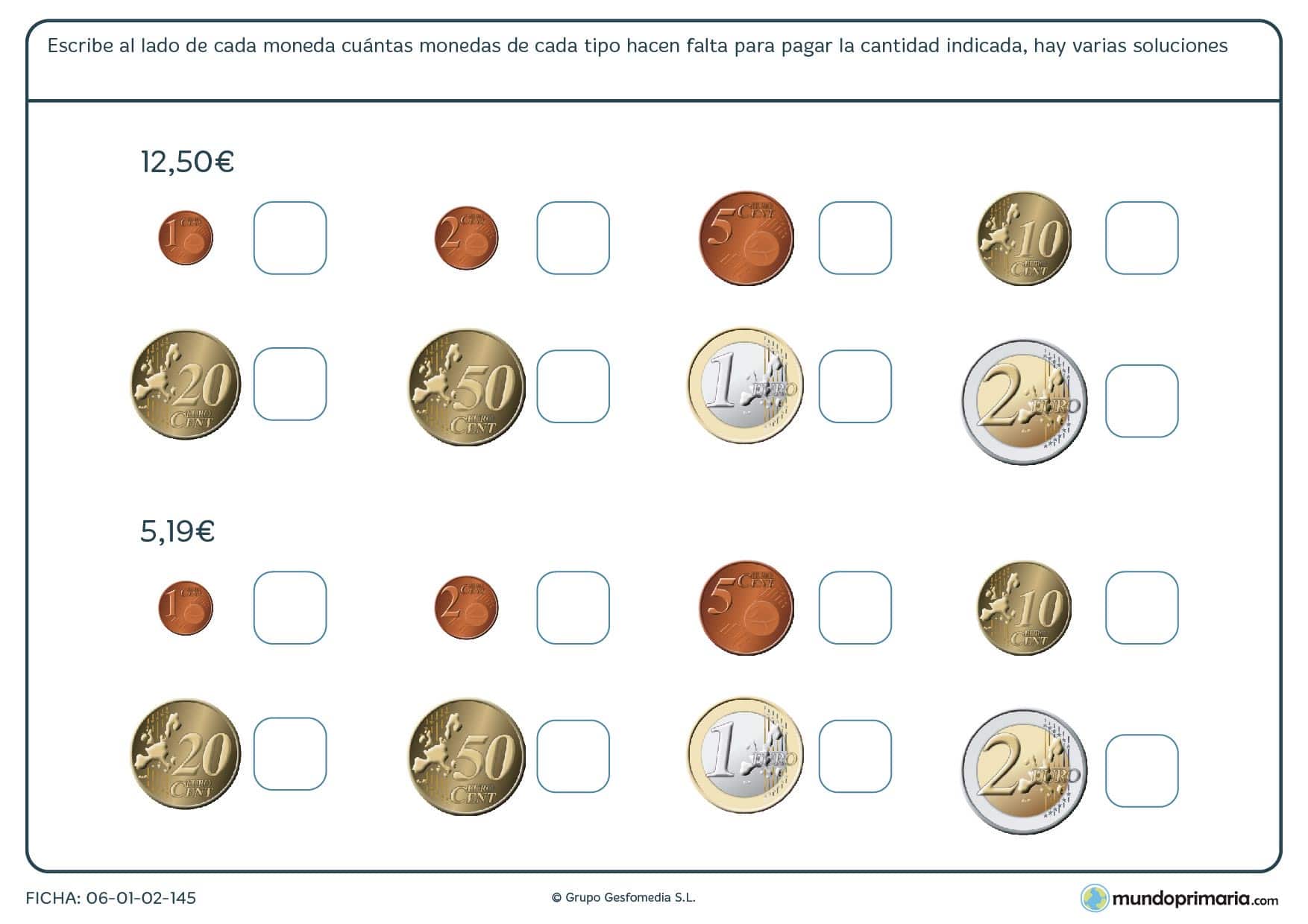 Ficha de indicar el numero de cada moneda necesario para Primaria