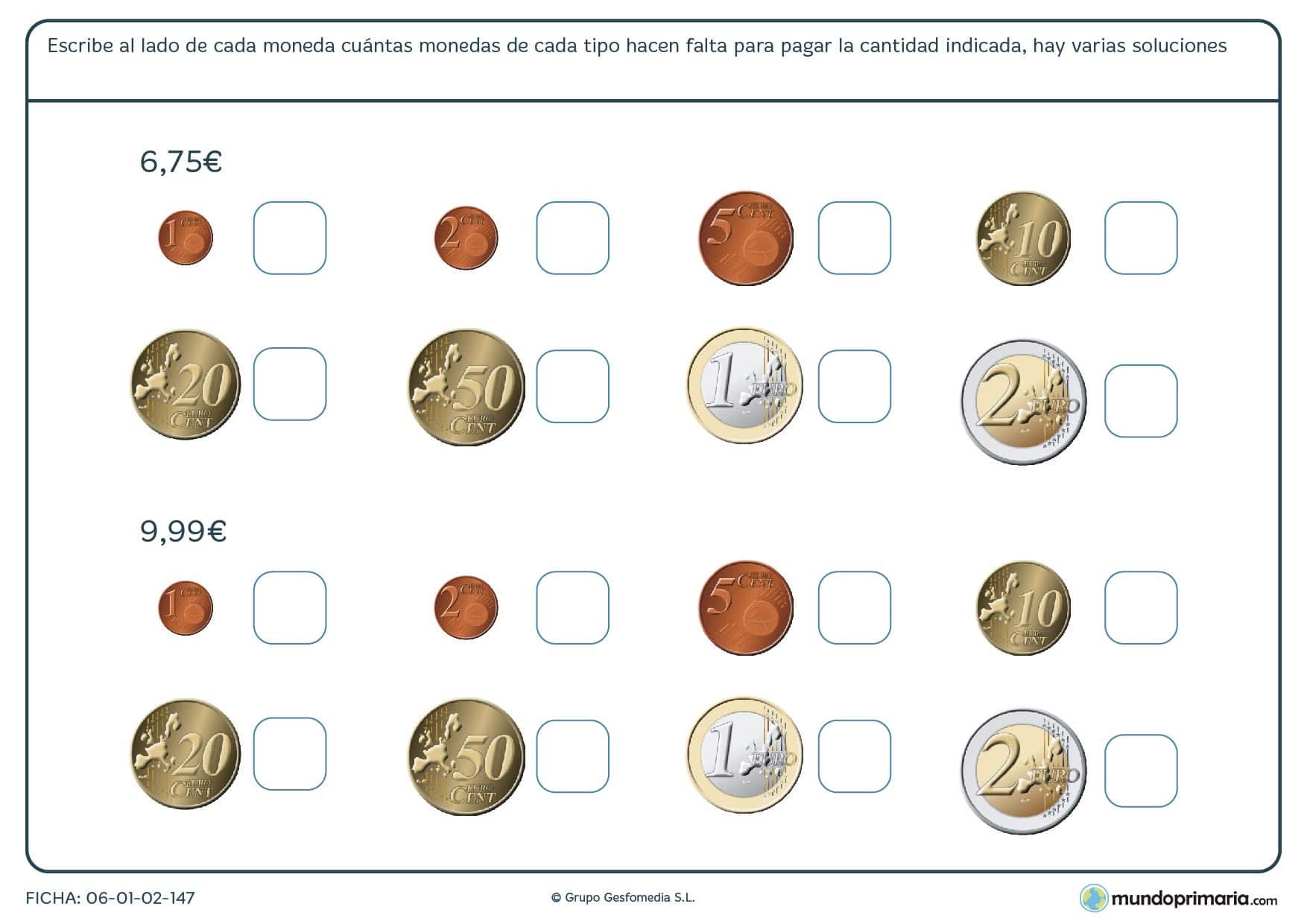 Ficha de sumar euros para alcanzar el dinero necesario para 4º