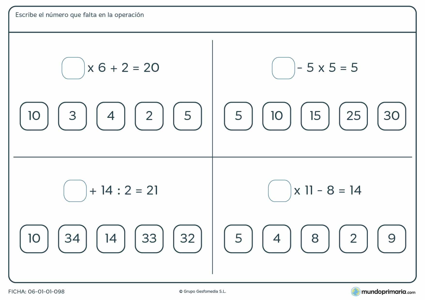 Elegir el número que falta en las operaciones para niños de primaria
