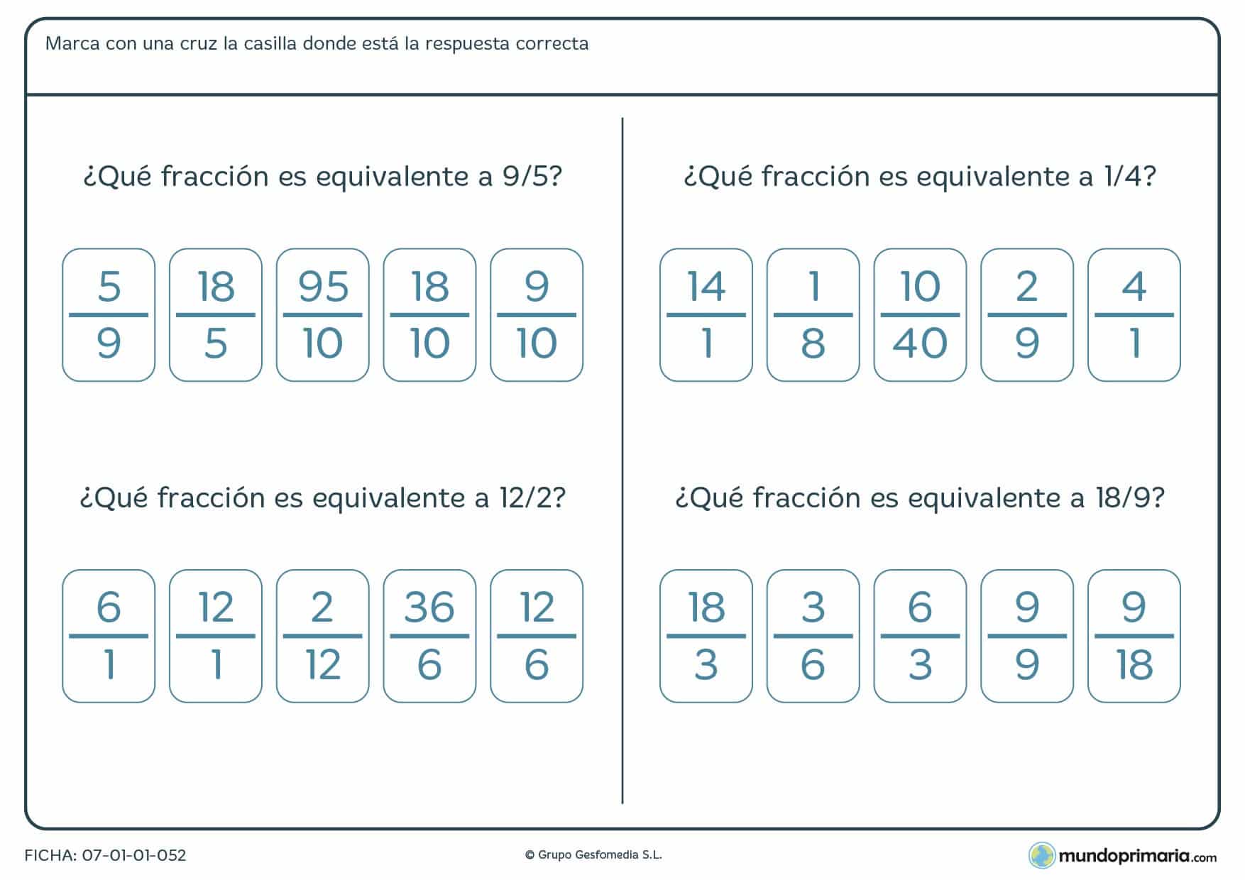 Ficha de semejanza entre quebrados para niños y niñas de Primaria