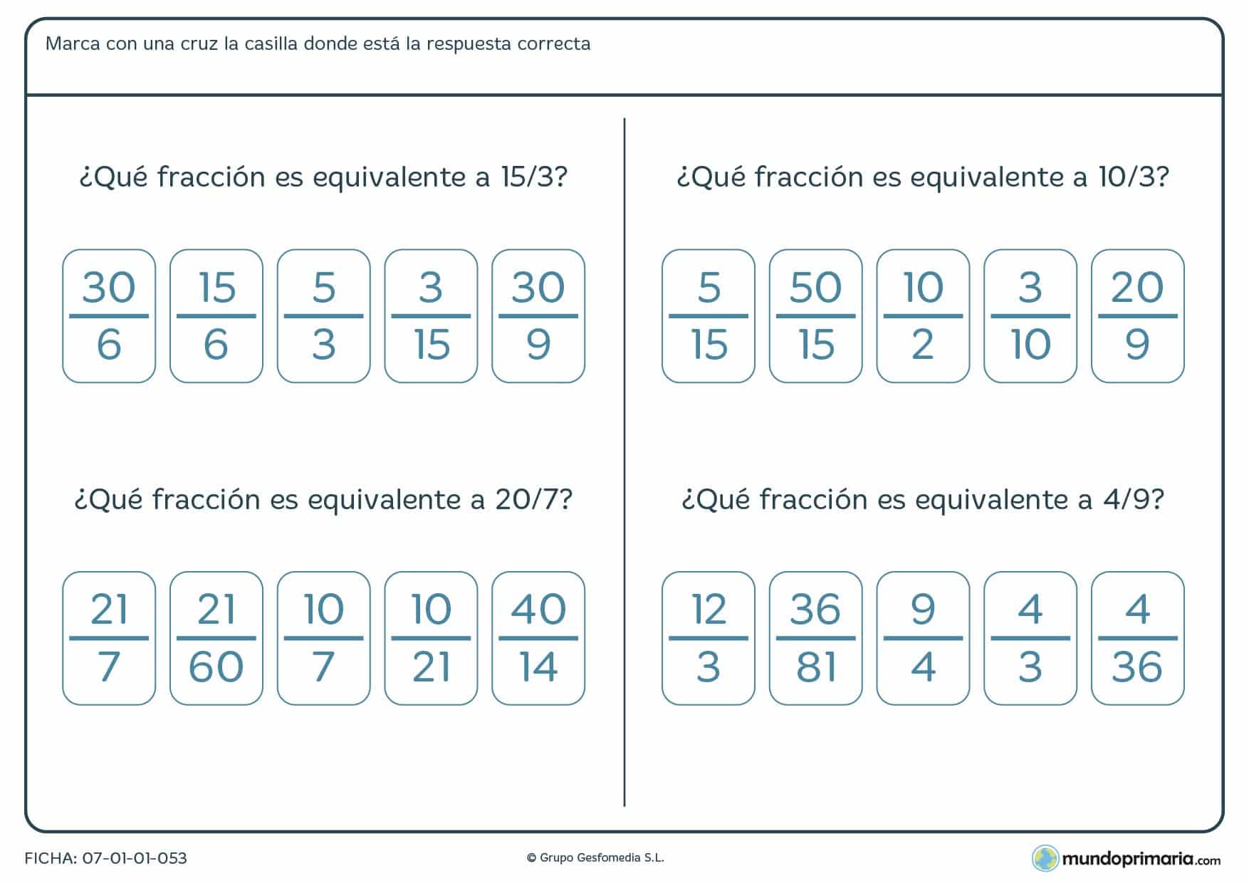 Ficha de encontrar la fracción que vale lo mismo para Primaria