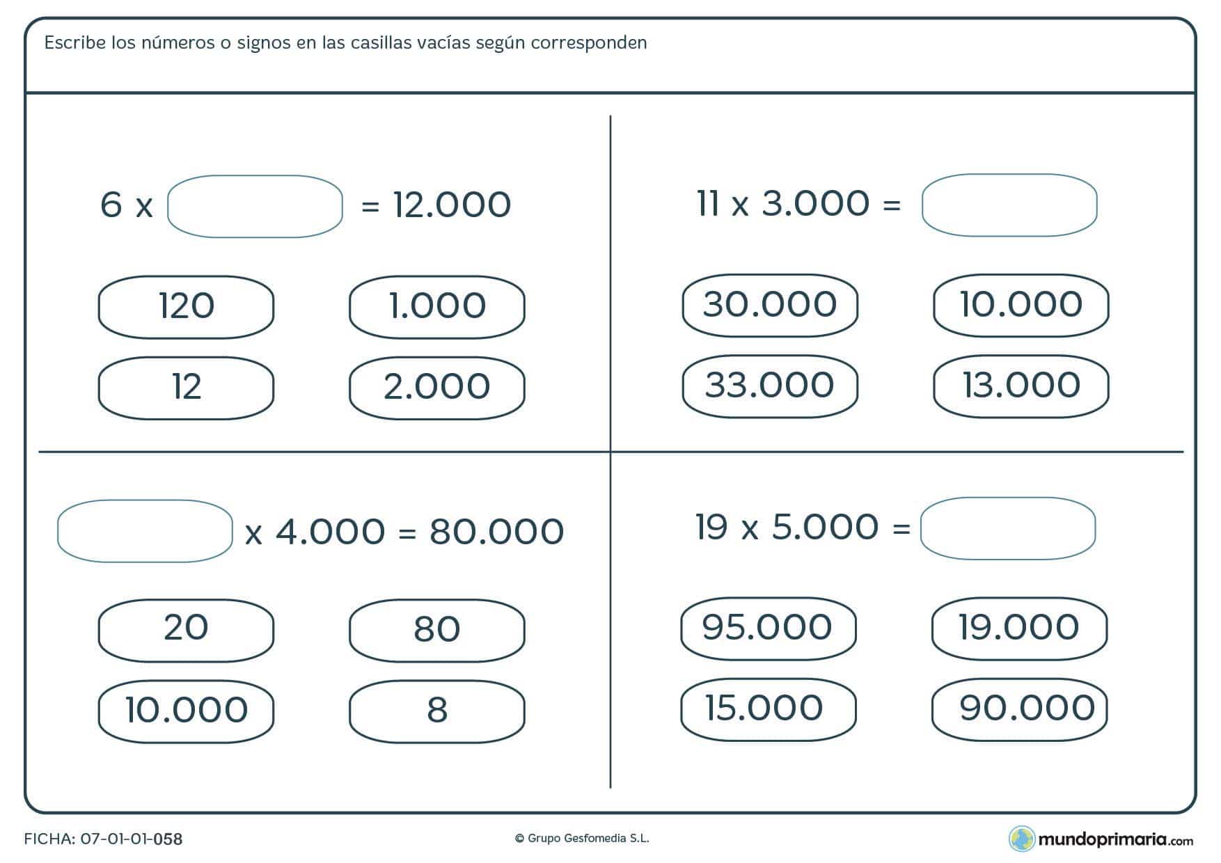 Ficha en la que hay que elegir el resultado de estas multiplicaciones