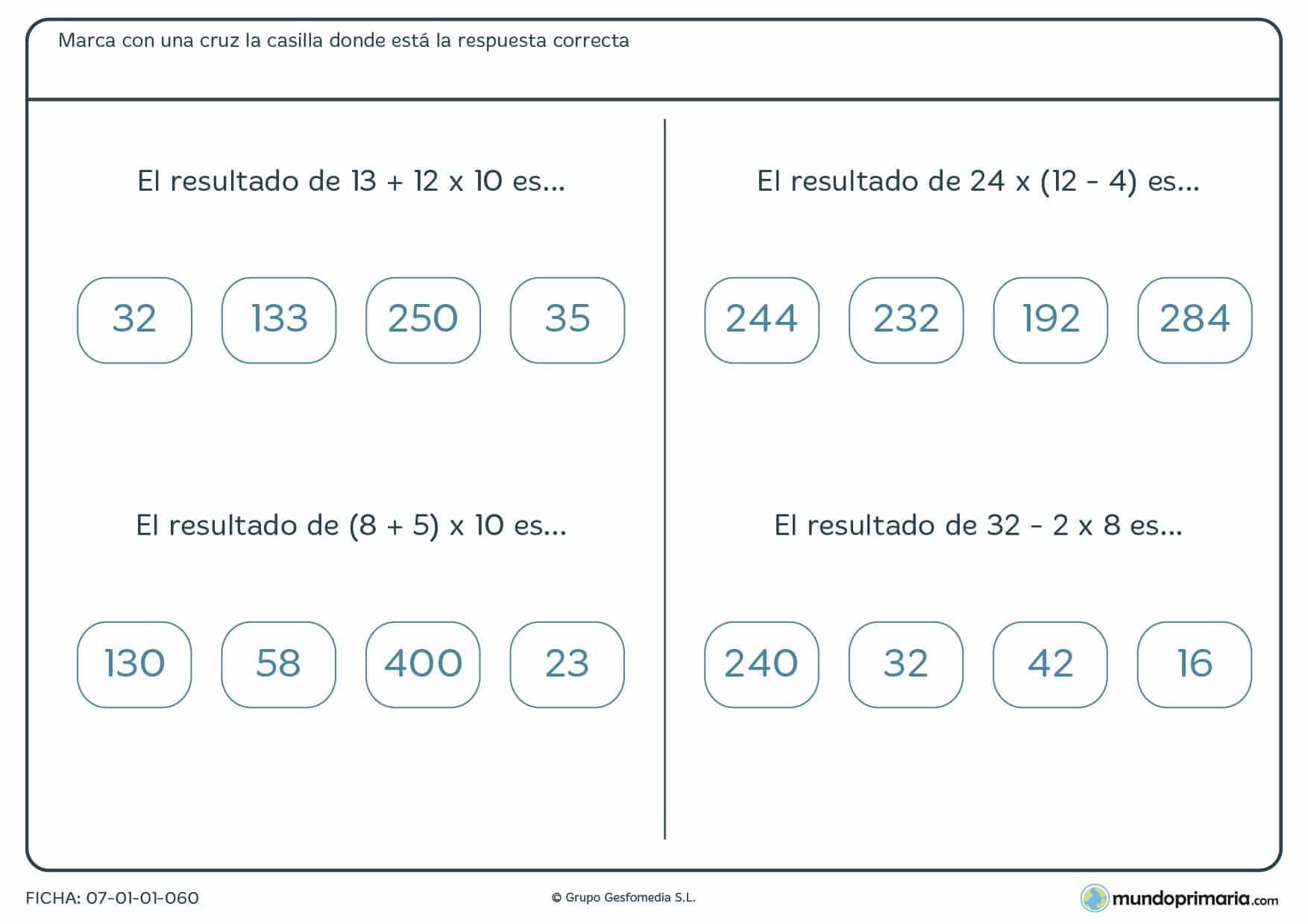 Ficha para elegir los resultados correctos para 5º de Primaria