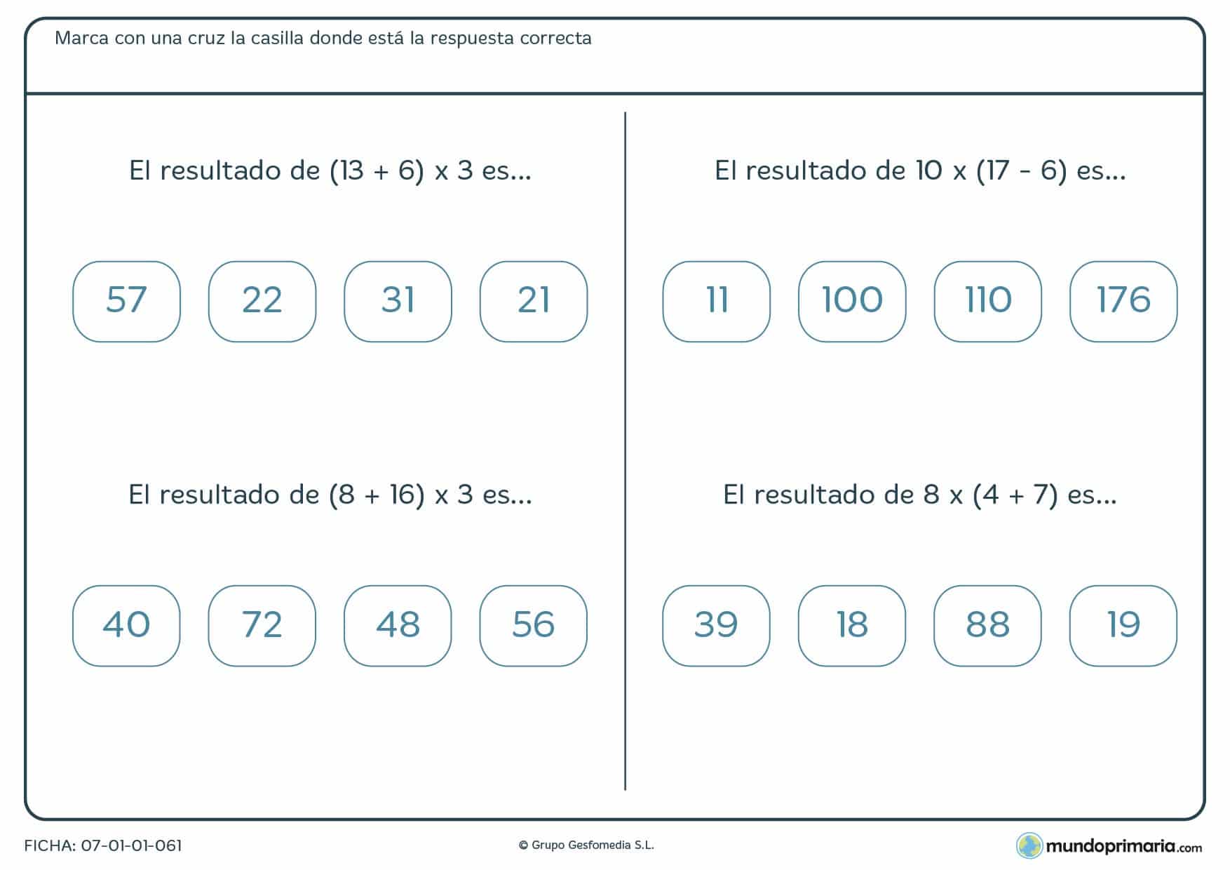 Ficha para Primaria donde hay que escoger los resultados válidos