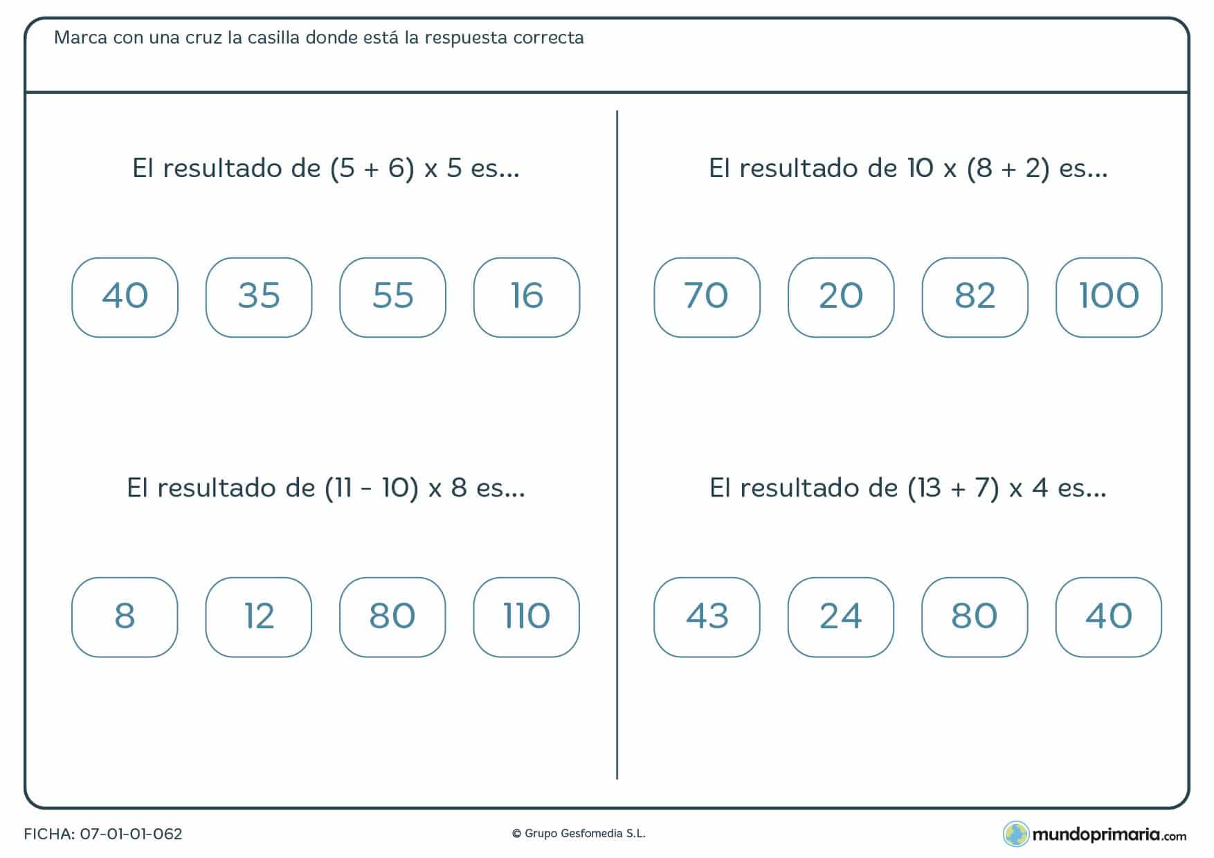 Ficha compuesta de multiplicaciones, sumas y restas para Primaria