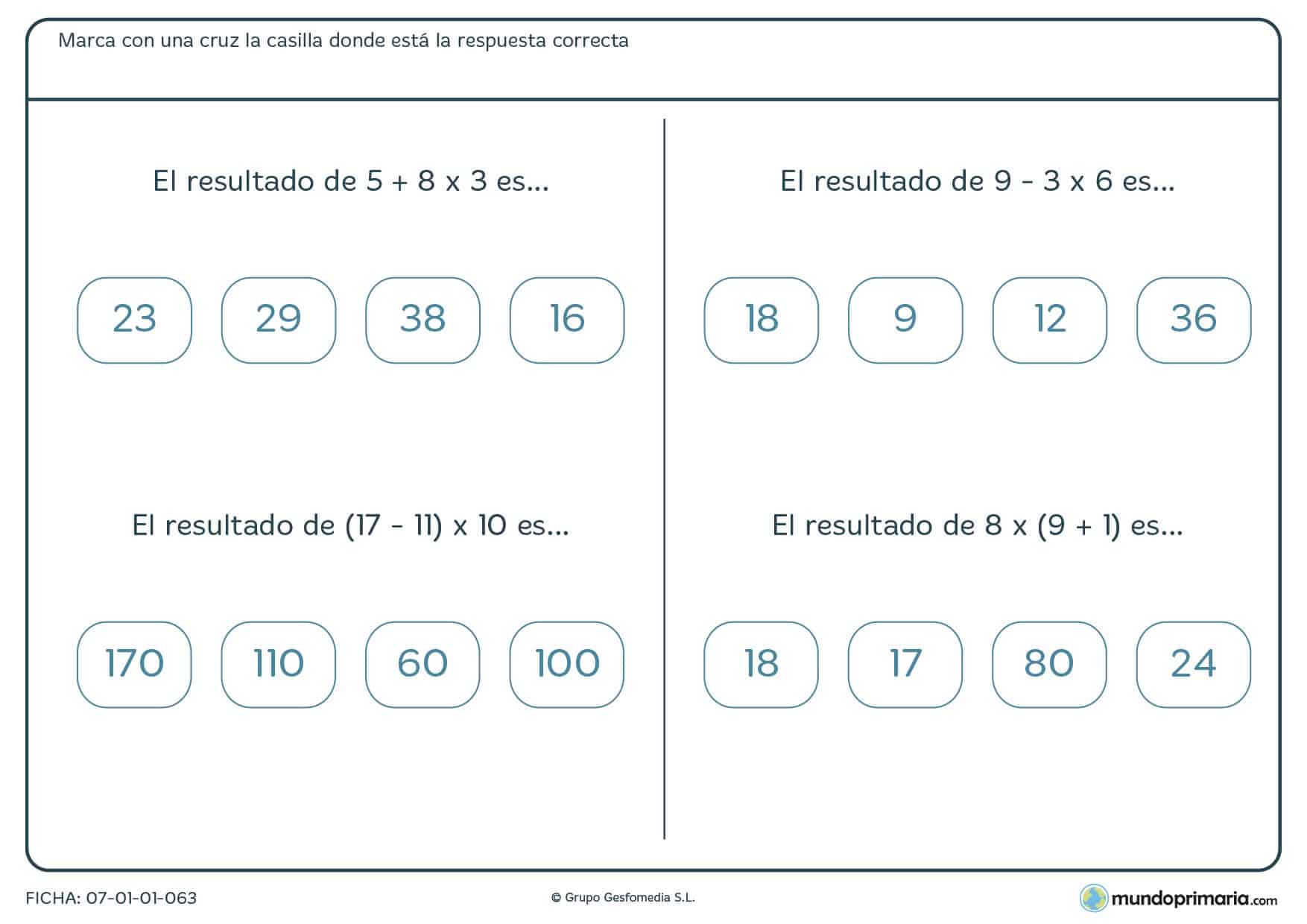 Localiza el resultado de estas operaciones para 5º de Primaria