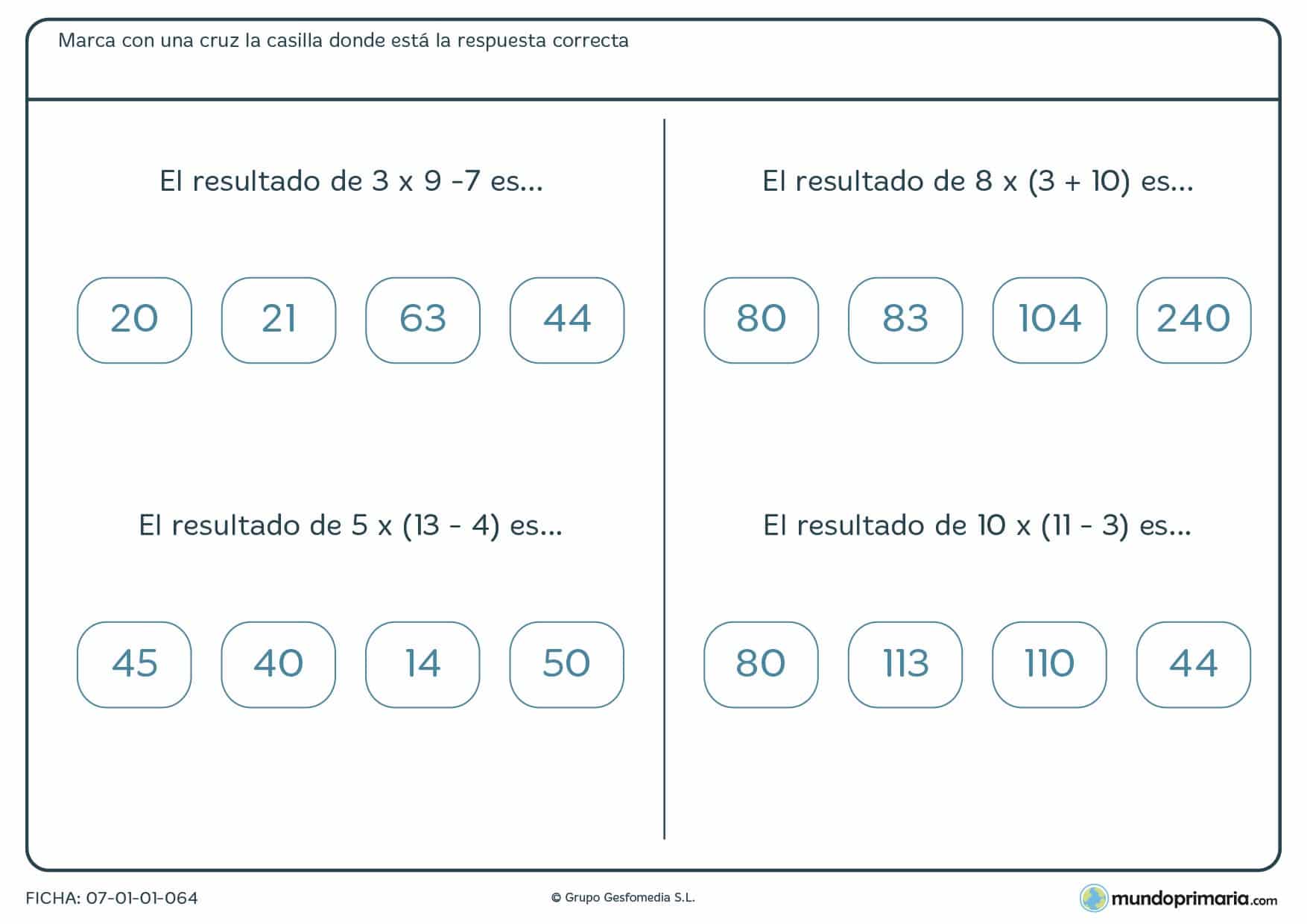 Ficha de varios ejercicios donde hay que encontrar el resultado
