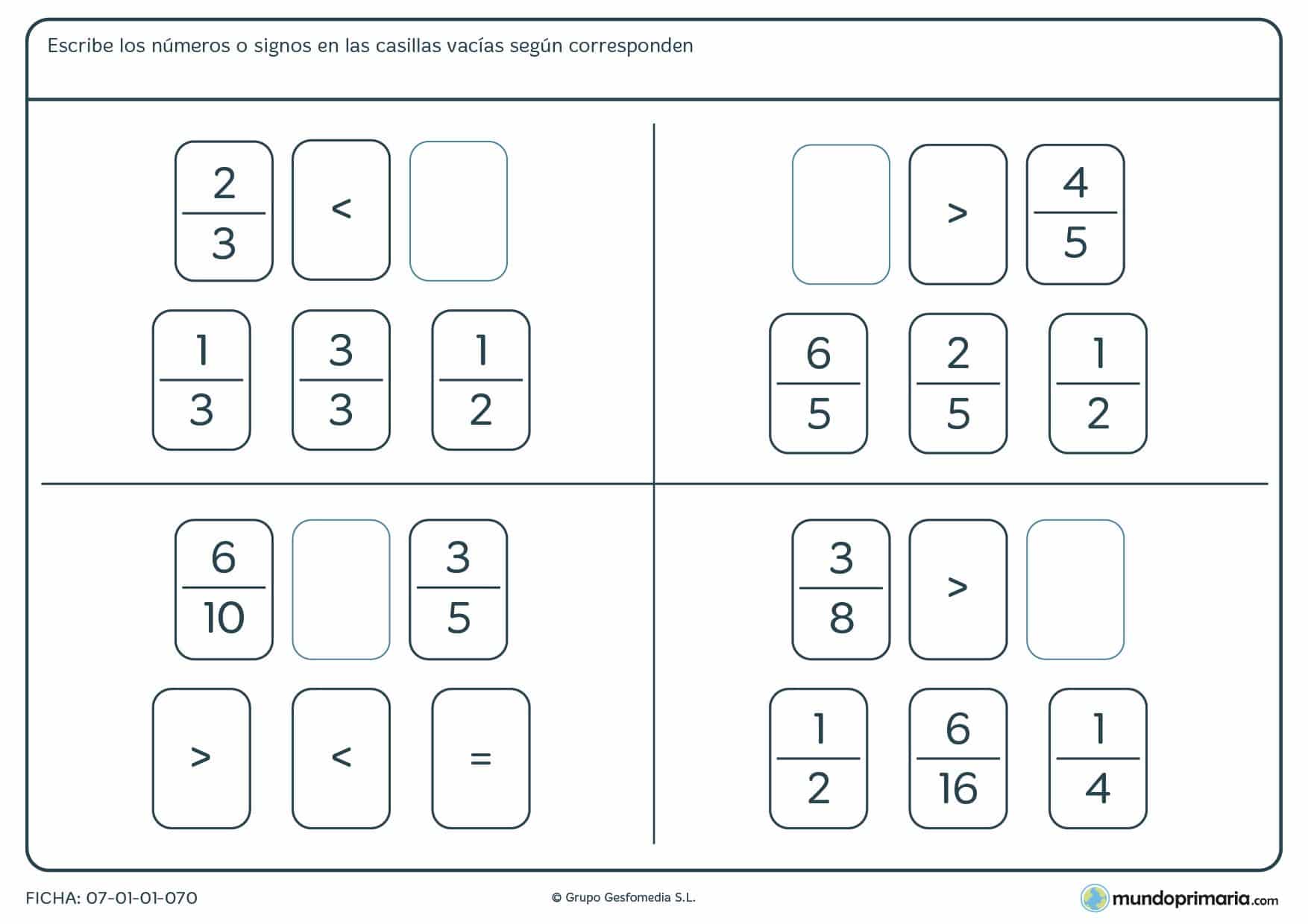 Ficha de escribir los números o signos en las casillas para Primaria
