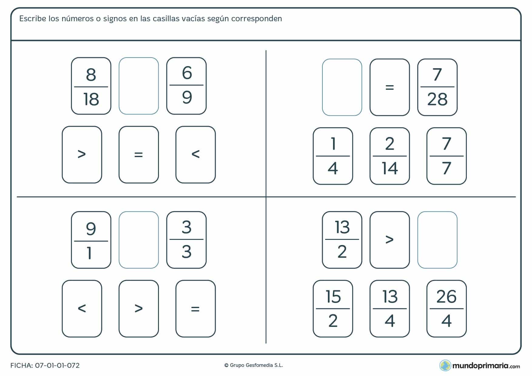Ficha de colocar el signo para que las fracciones sean precisas