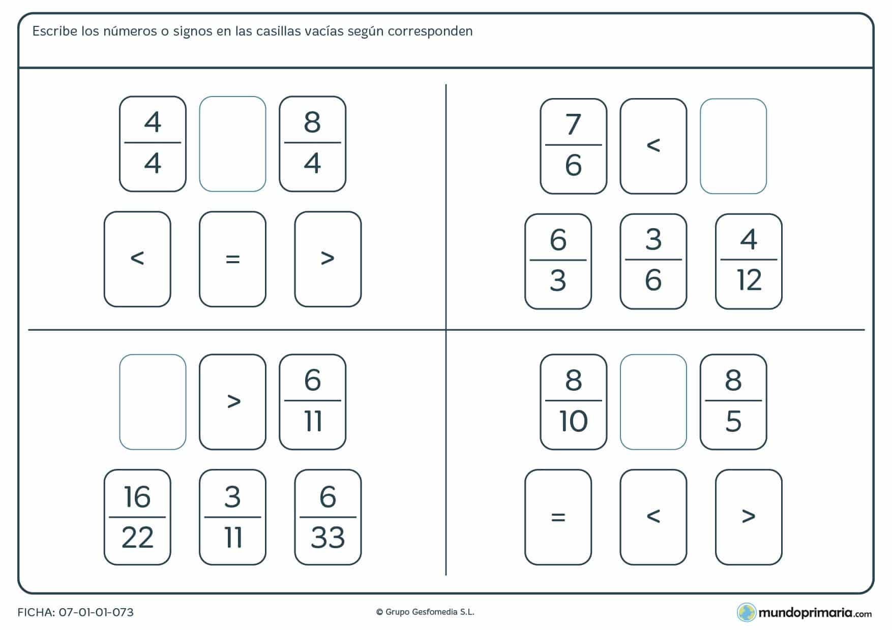 Lámina de colocar el signo o la fracción adecuada para Primaria